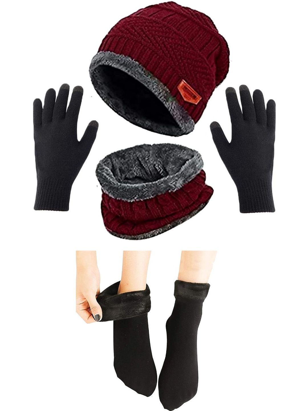 Aadikart Unisex Woollen Beanie with Woolen Touch Gloves and Socks-picture-16