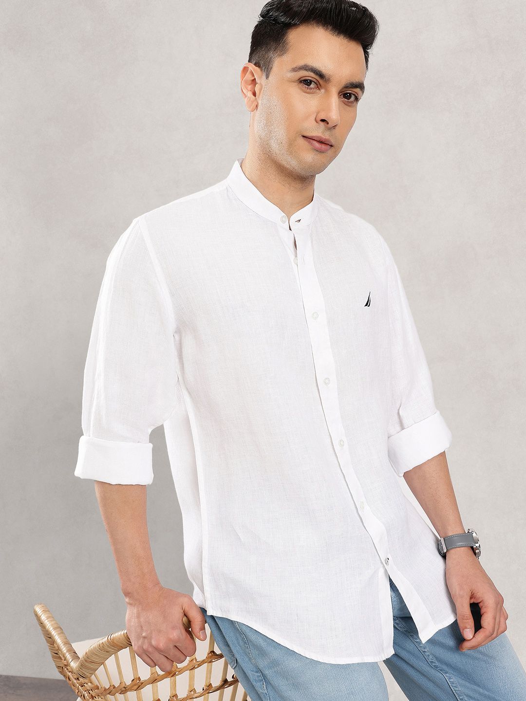 Nautica Slim Fit Mandarin Collar Pure Linen Casual Shirt-picture-48