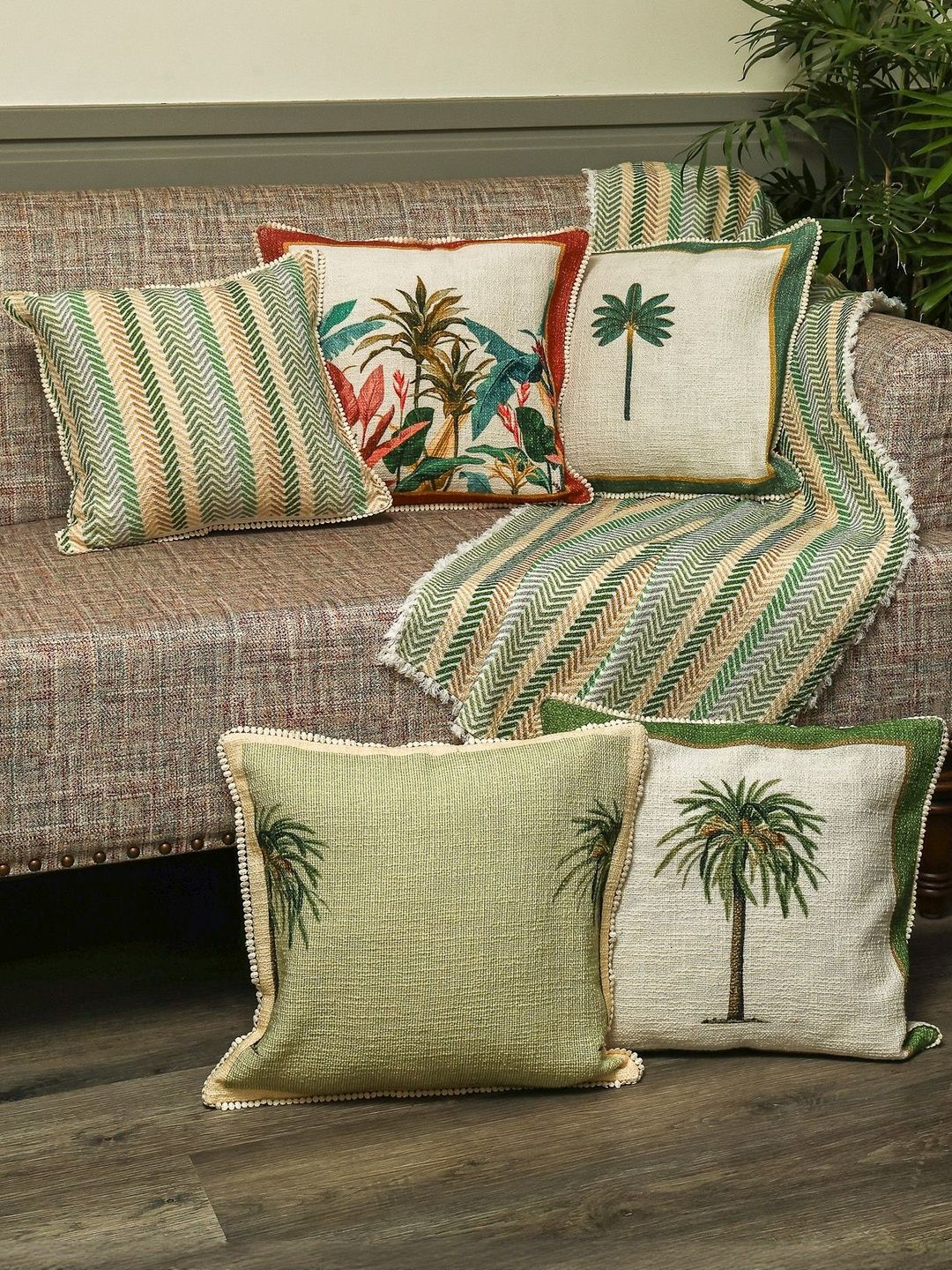 Sangria Set of 5 Palm Stories Cotton Square Cushion Covers-image-23