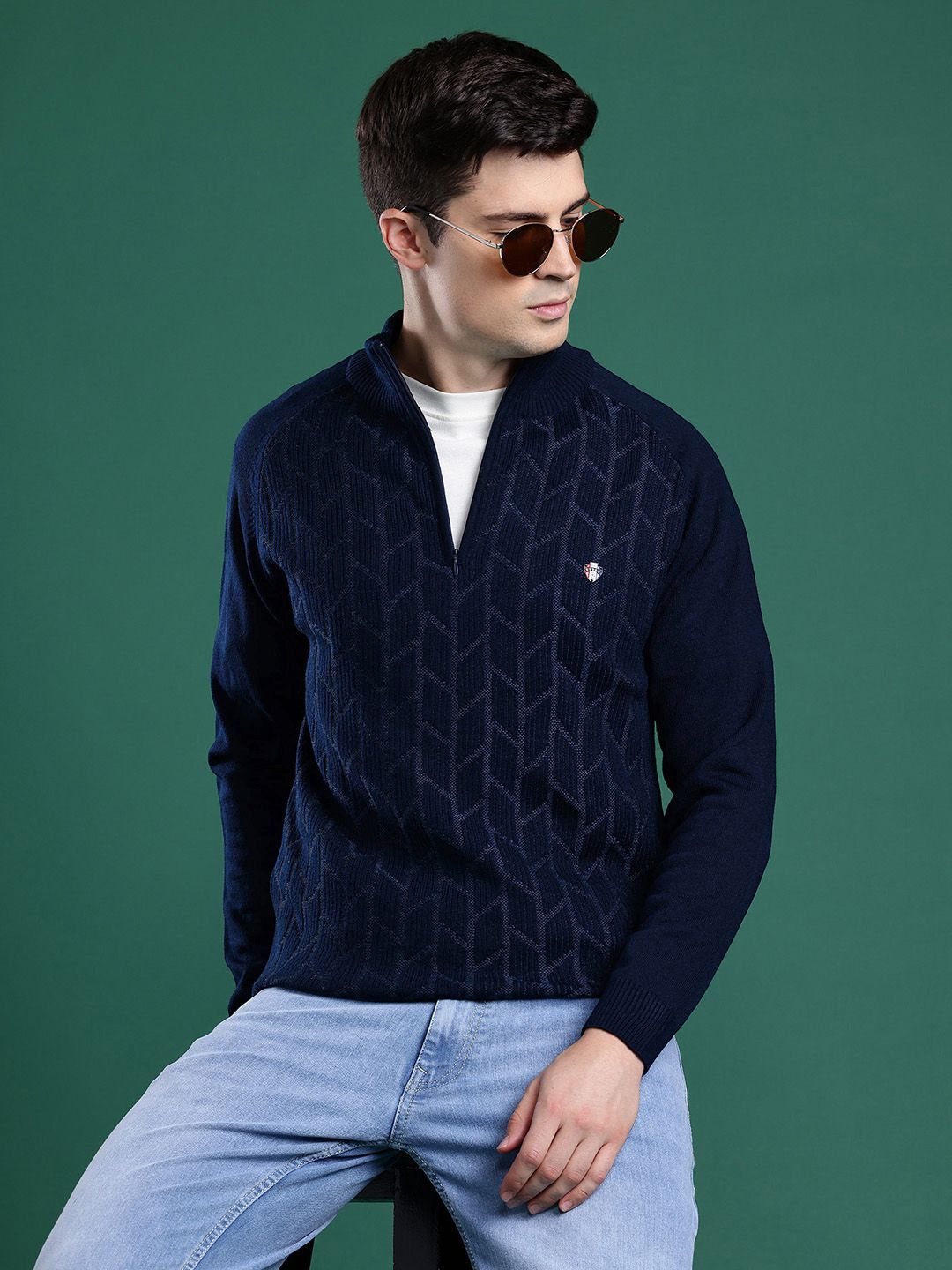 Cayman Geometric Self Design Half Zipper Woollen Pullover-picture-38