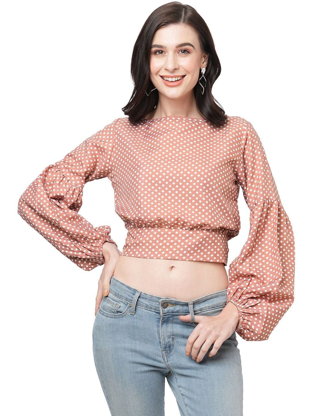 G0-4 IT Women Polka Dot Printed Bishop Sleeves Georgette Blouson Crop Top-picture-30