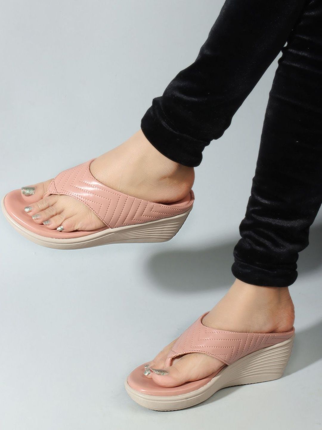 CORSICA Women Peach Textured Open Toe Wedge Sandals-picture-14