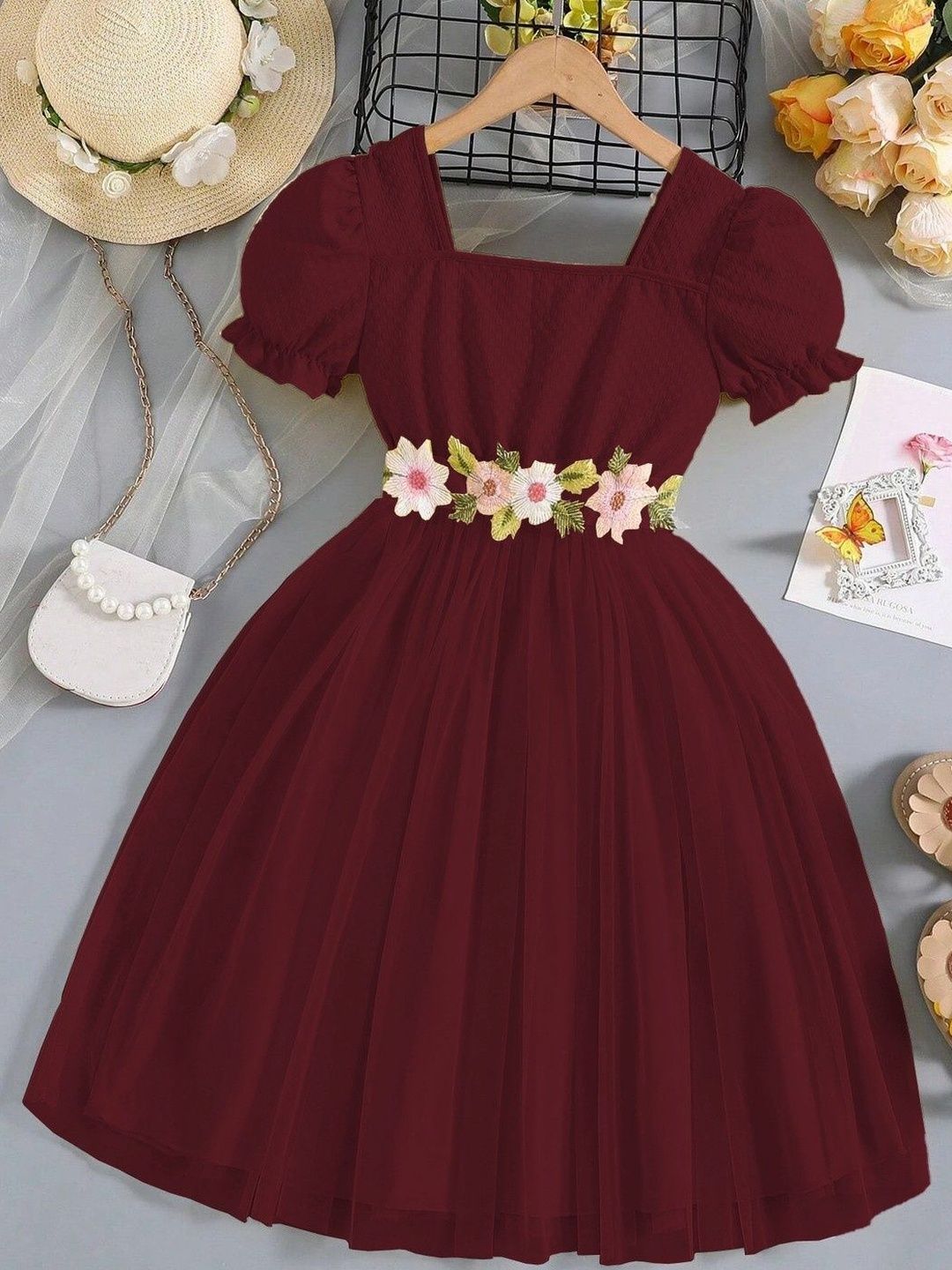 HOPZONIC Girls Floral Puff Sleeve Fit and Flare Dress-picture-57