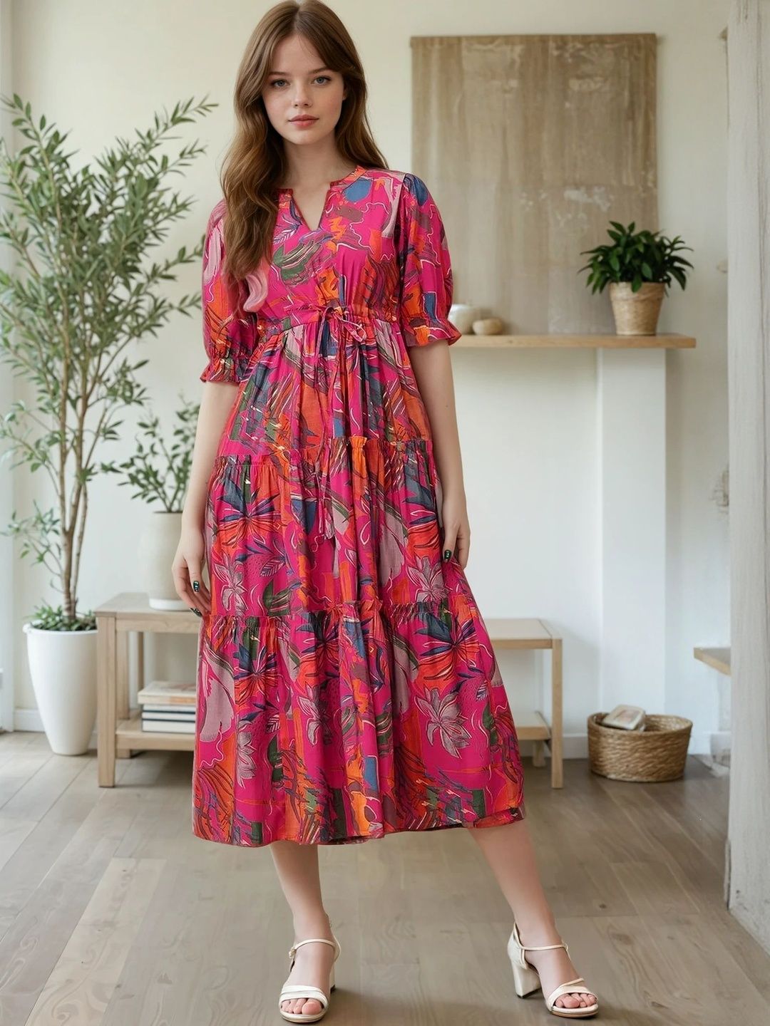 FIXOCRA Floral Print Puff Sleeve Fit & Flare Midi Dress-picture-18