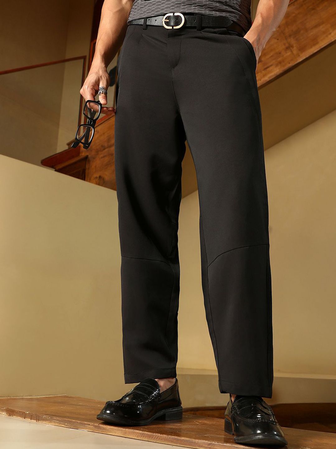 Campus Sutra Men Comfort Mid Rise Relaxed Fit Twill-Panelled Chinos Trousers-image-38
