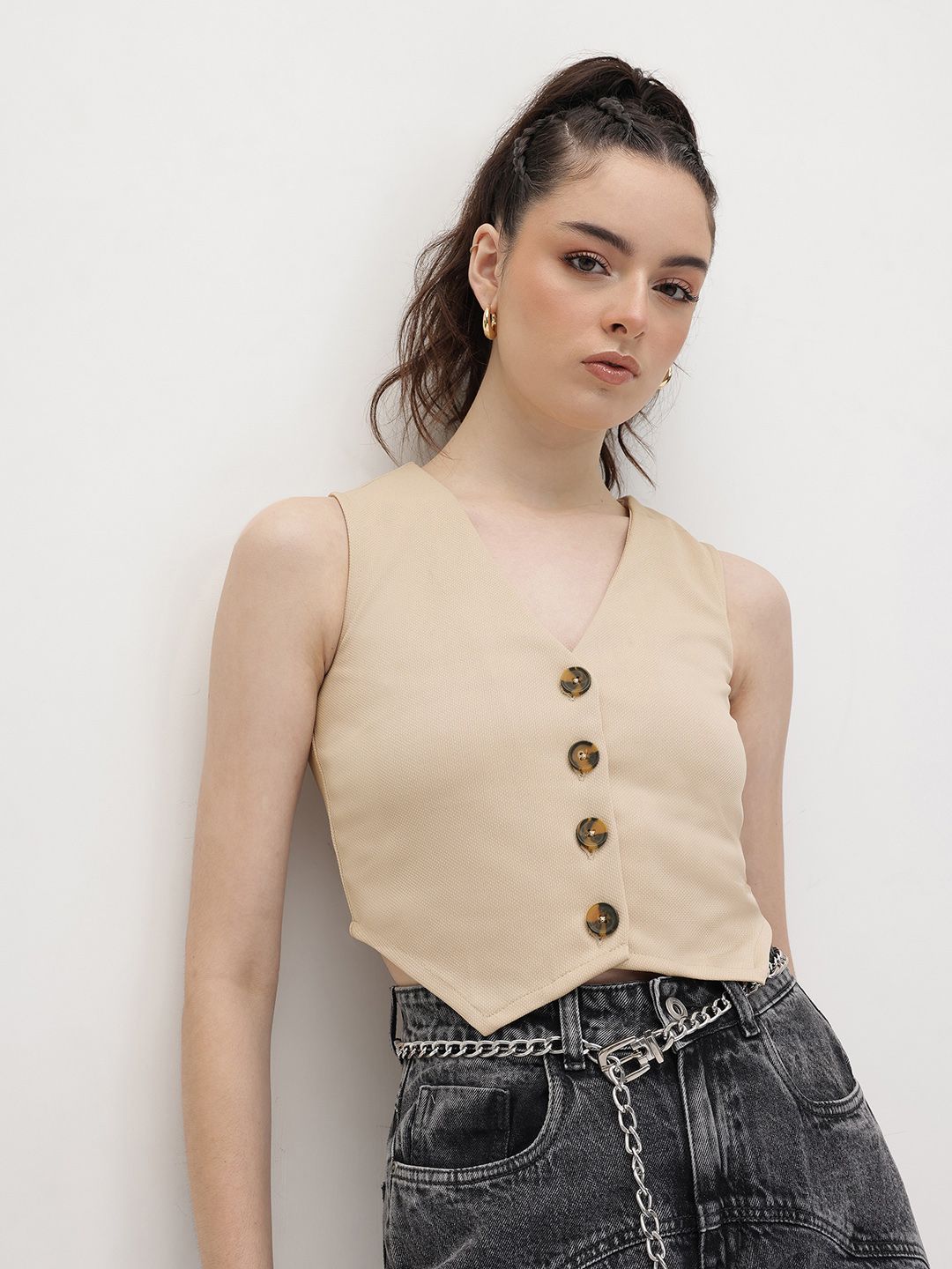 The Roadster Life Co. V-Neck Button-Down Crop Vest Top-picture-13