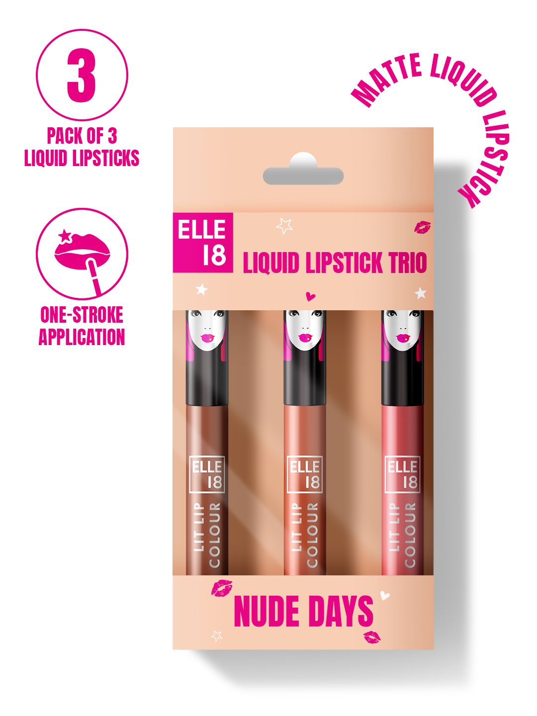 ELLE 18 3-Pcs Long Lasting Liquid Lipstick Kit 5.6 ml each - Nude Days-picture-29