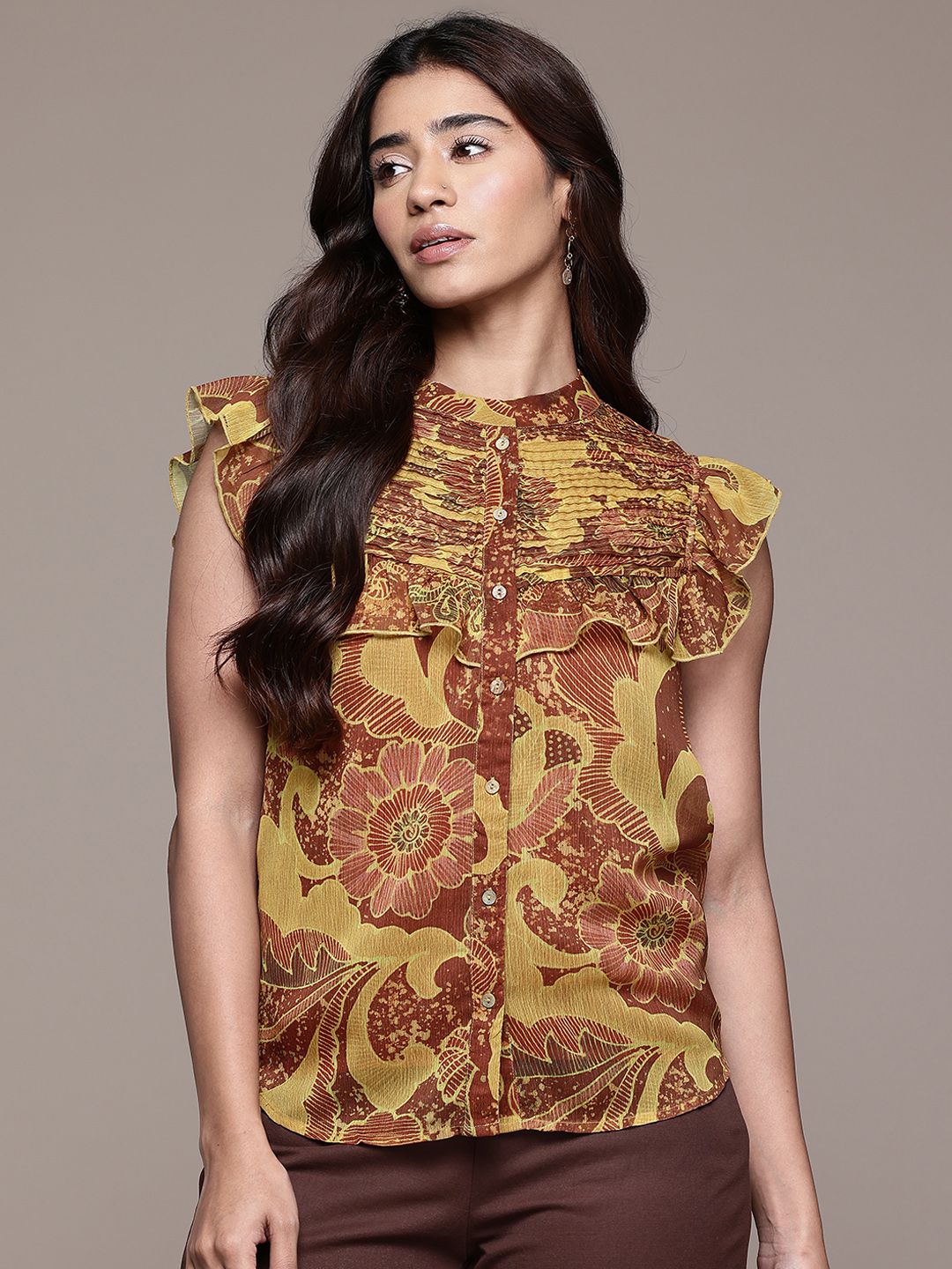 aarke Ritu Kumar Floral Print Flutter Sleeve Ruffled and Pleated Shirt Style Top-picture-31