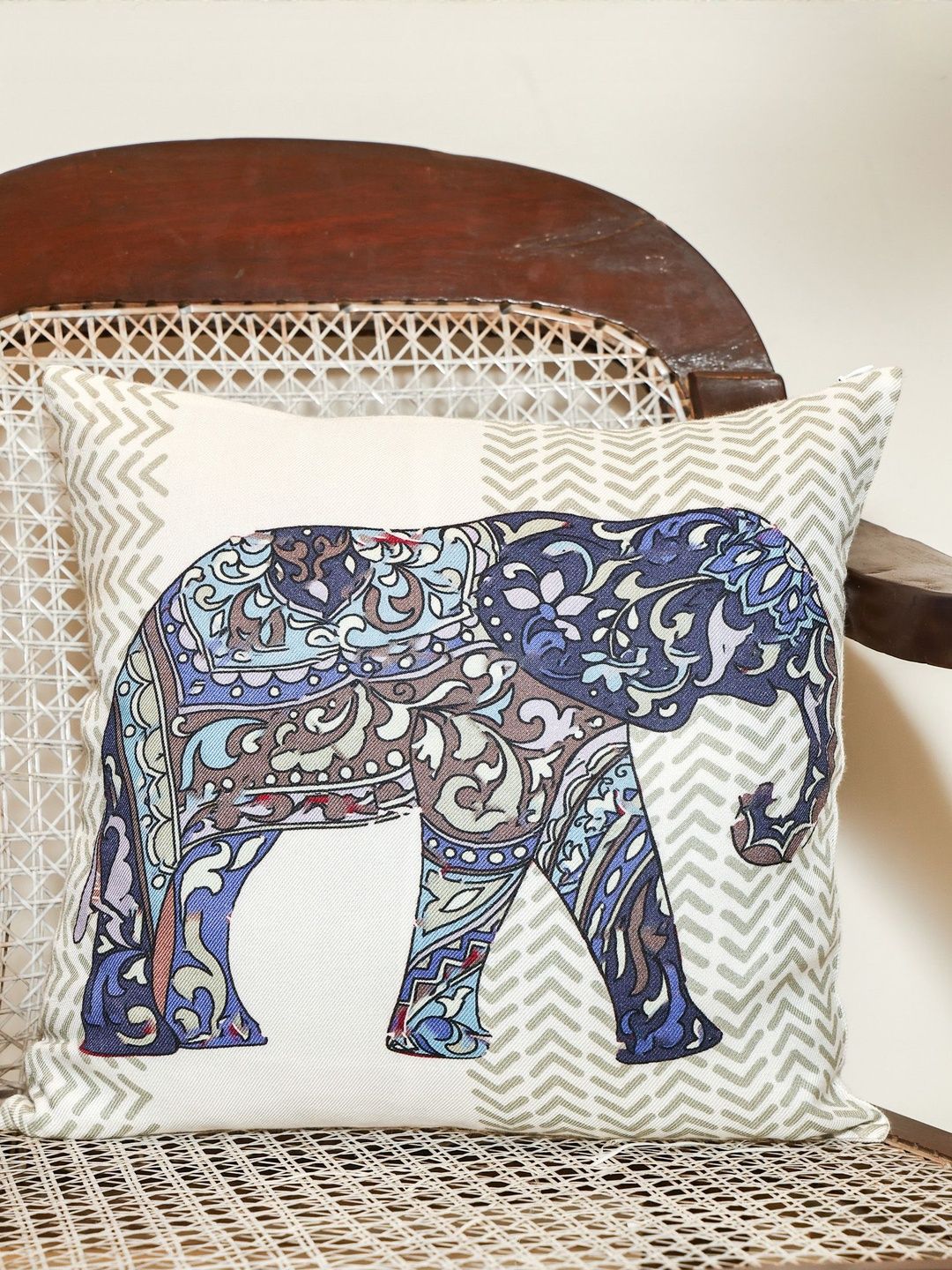 Sangria Off White & Blue Elephant Printed Square Cushion Cover-image-33