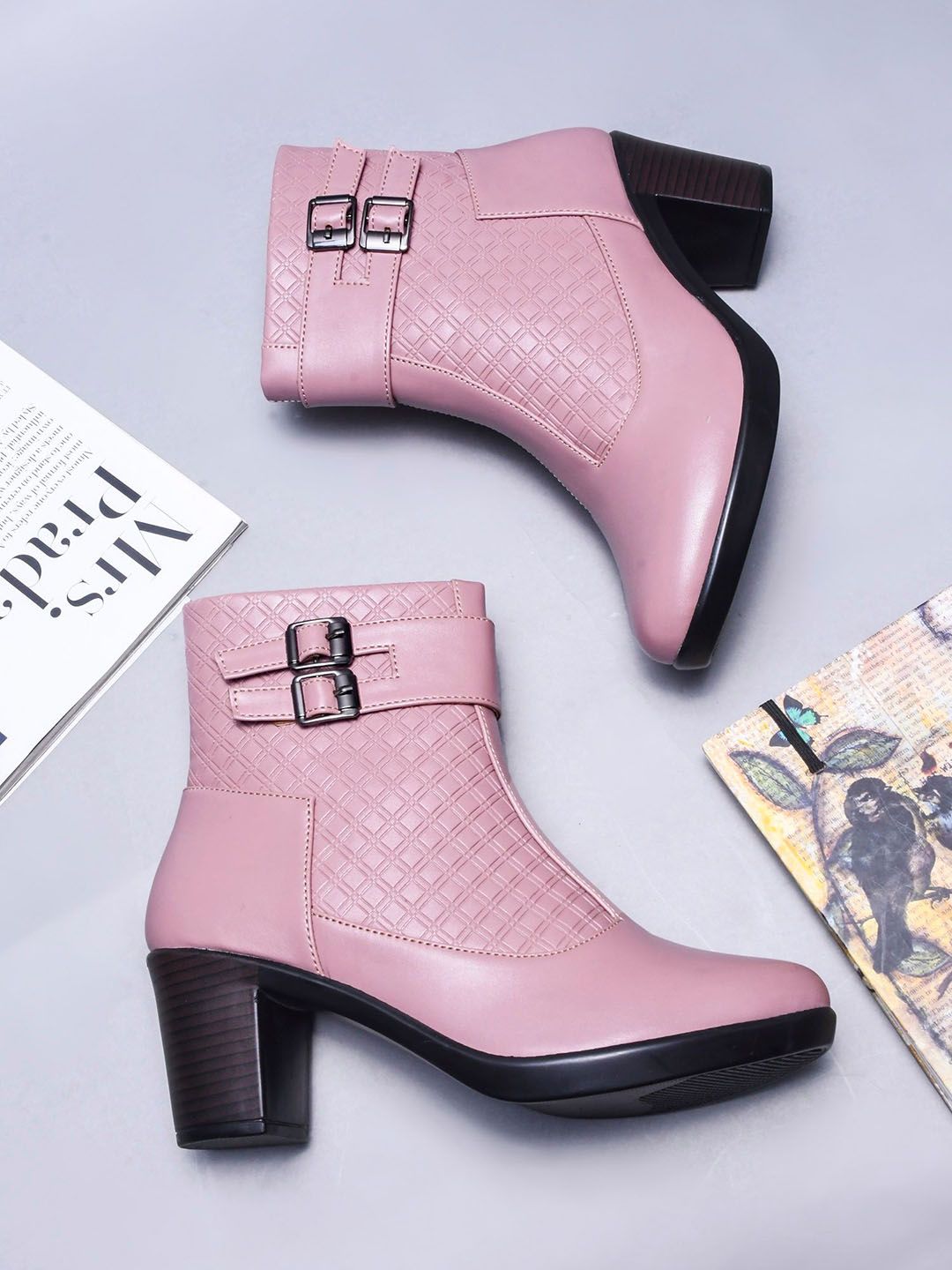 Try Me Women Textured Dual Buckle Straps Block-Heeled Regular Boots-image-27