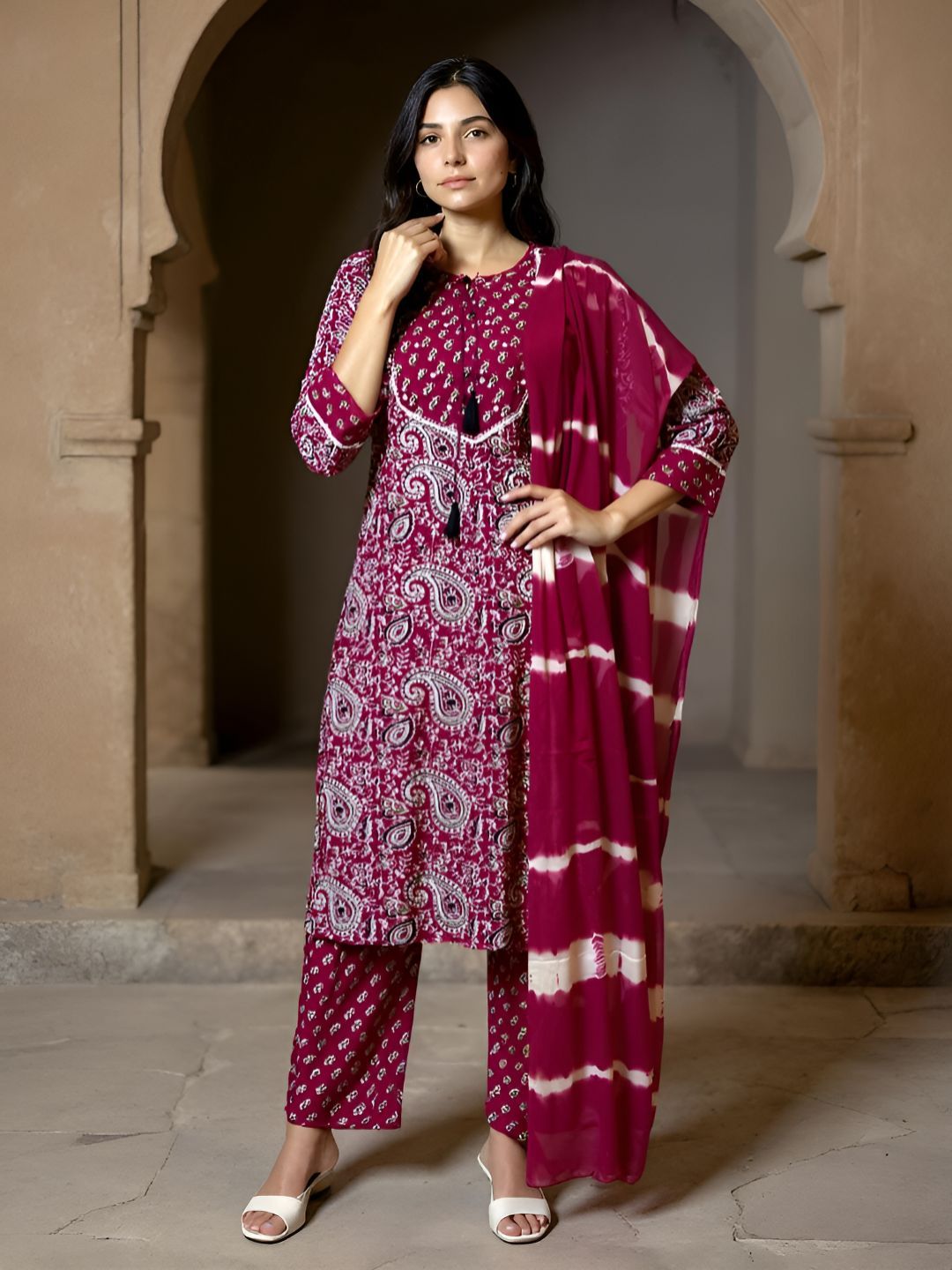 Rangita Ethnic Motifs Printed Round Neck Straight Kurta With Trousers & Dupatta-picture-14