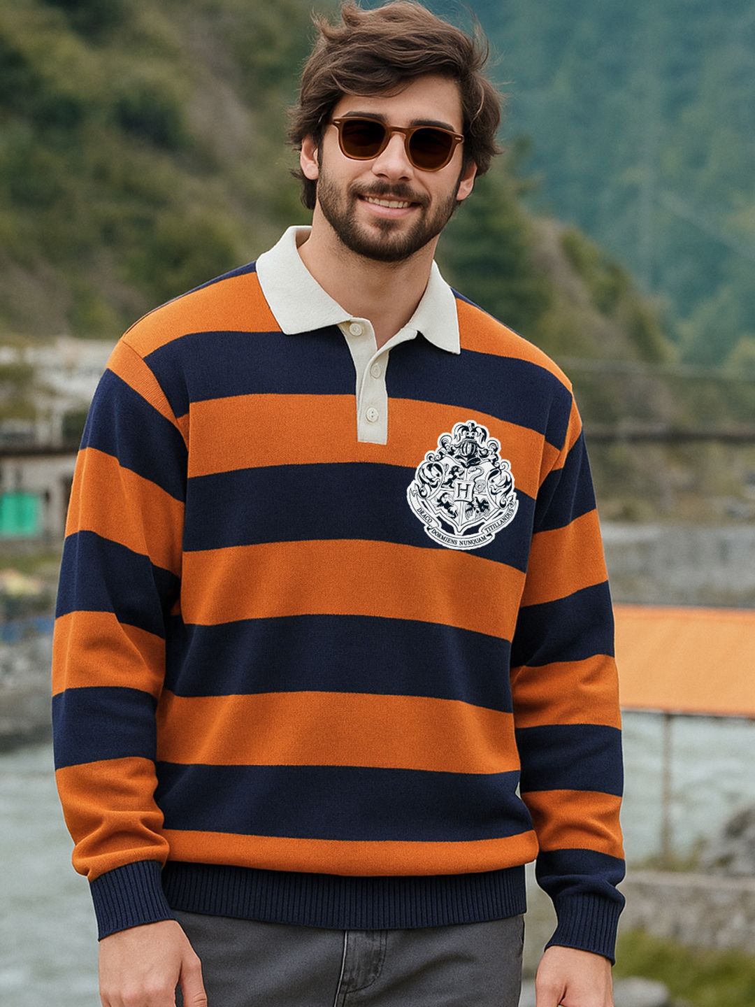 Bewakoof Men Orange & Navy Blue Harry Potter Striped Oversized Polo Sweater-picture-15
