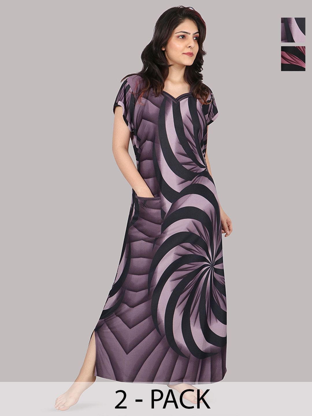 PURSA Women Pack of 2 Printed Satin Maxi Nightdress-picture-25