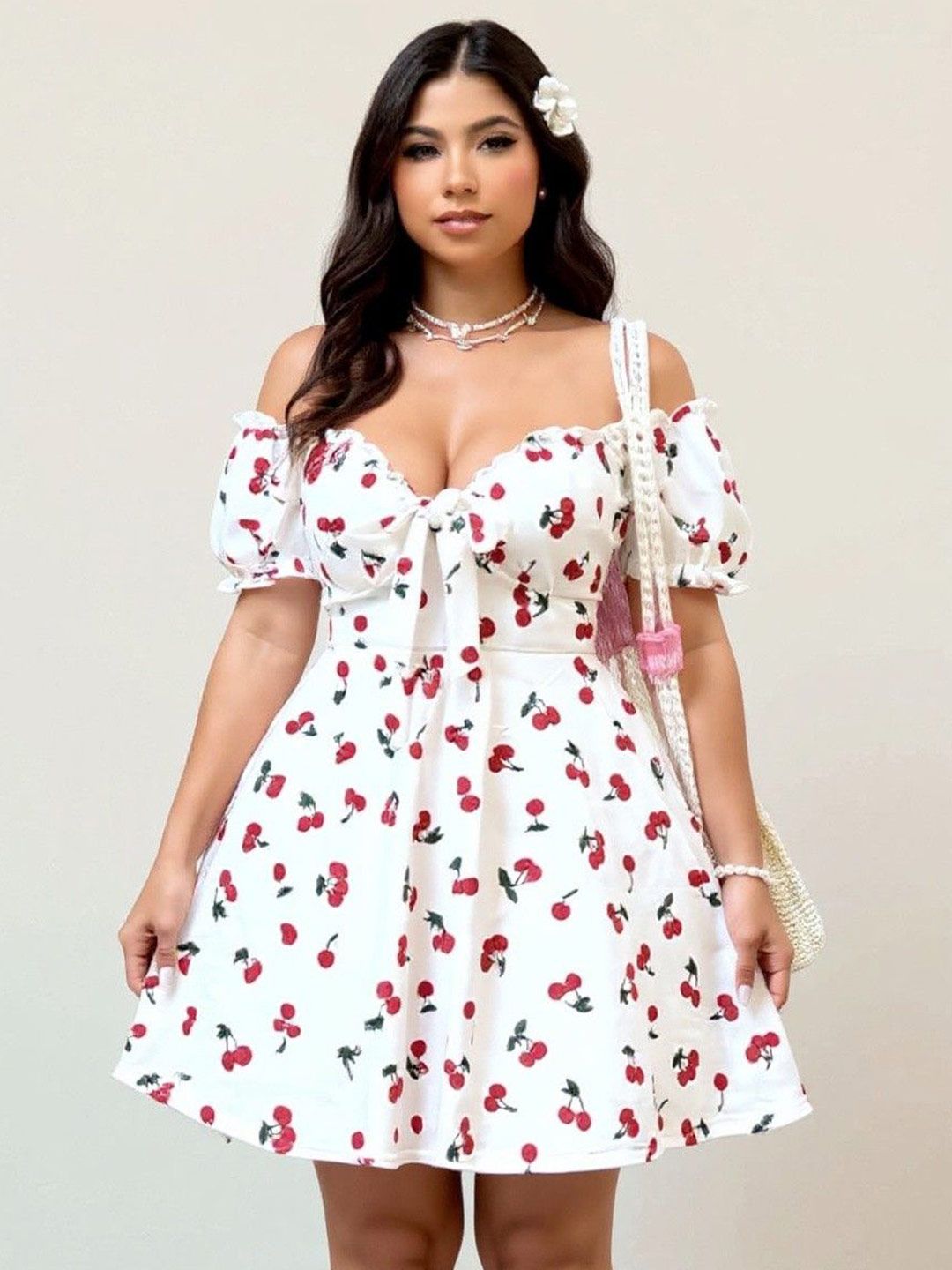 DressBerry Curve Women Plus Size Graphic Printed Sweetheart Neck Tie-Ups Fit & Flare Dress-picture-36