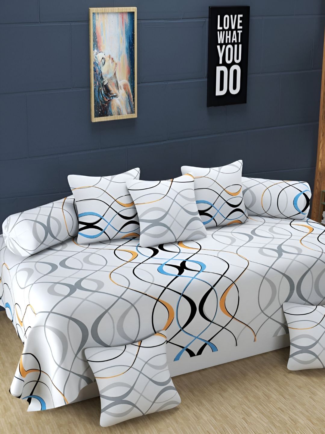 WELLNEST Set Of 8 White & Grey Printed Cotton Diwan Set-image-15