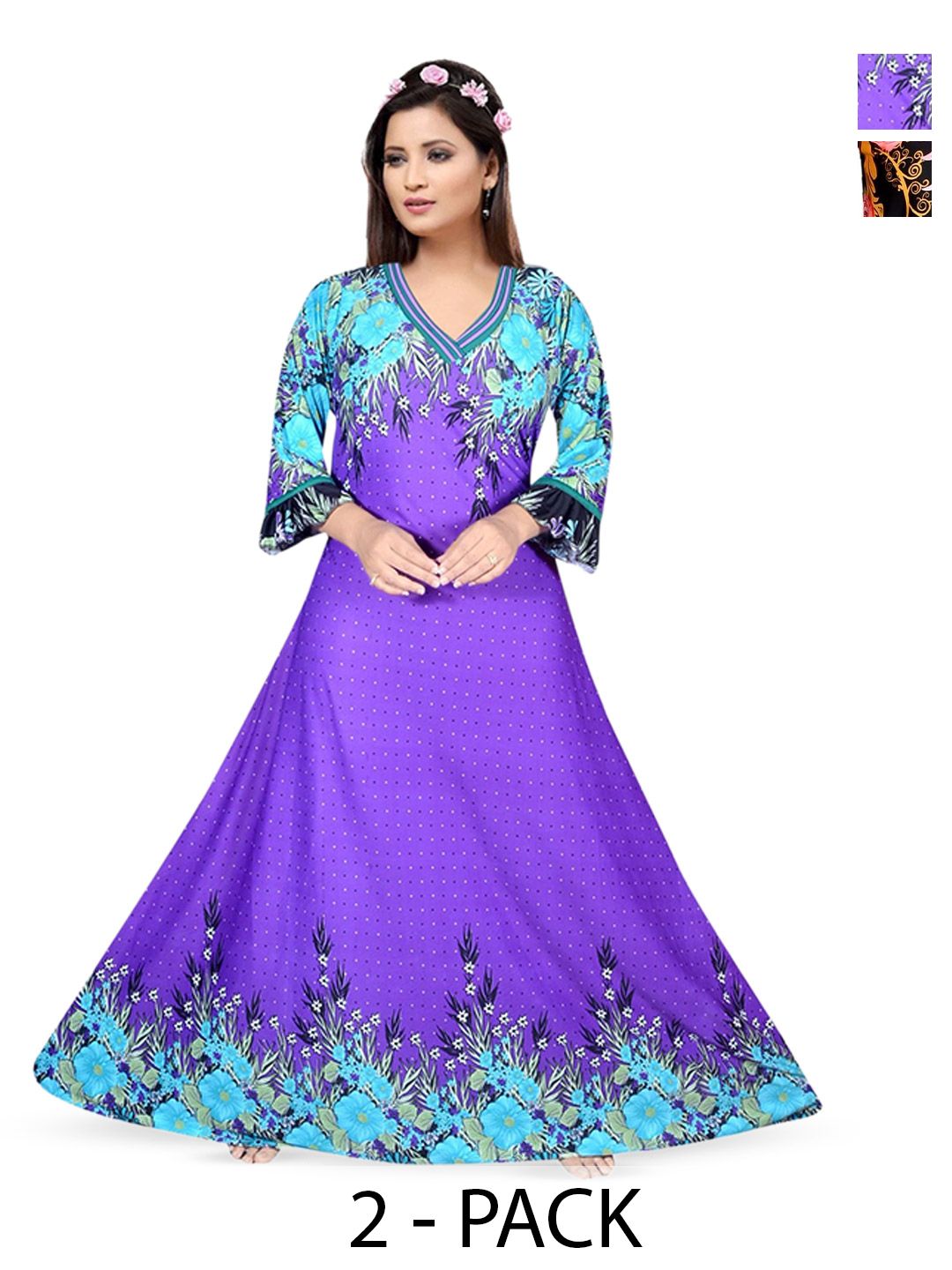 PURSA Women Pack Of 2 Printed Maxi Nightdress-picture-36