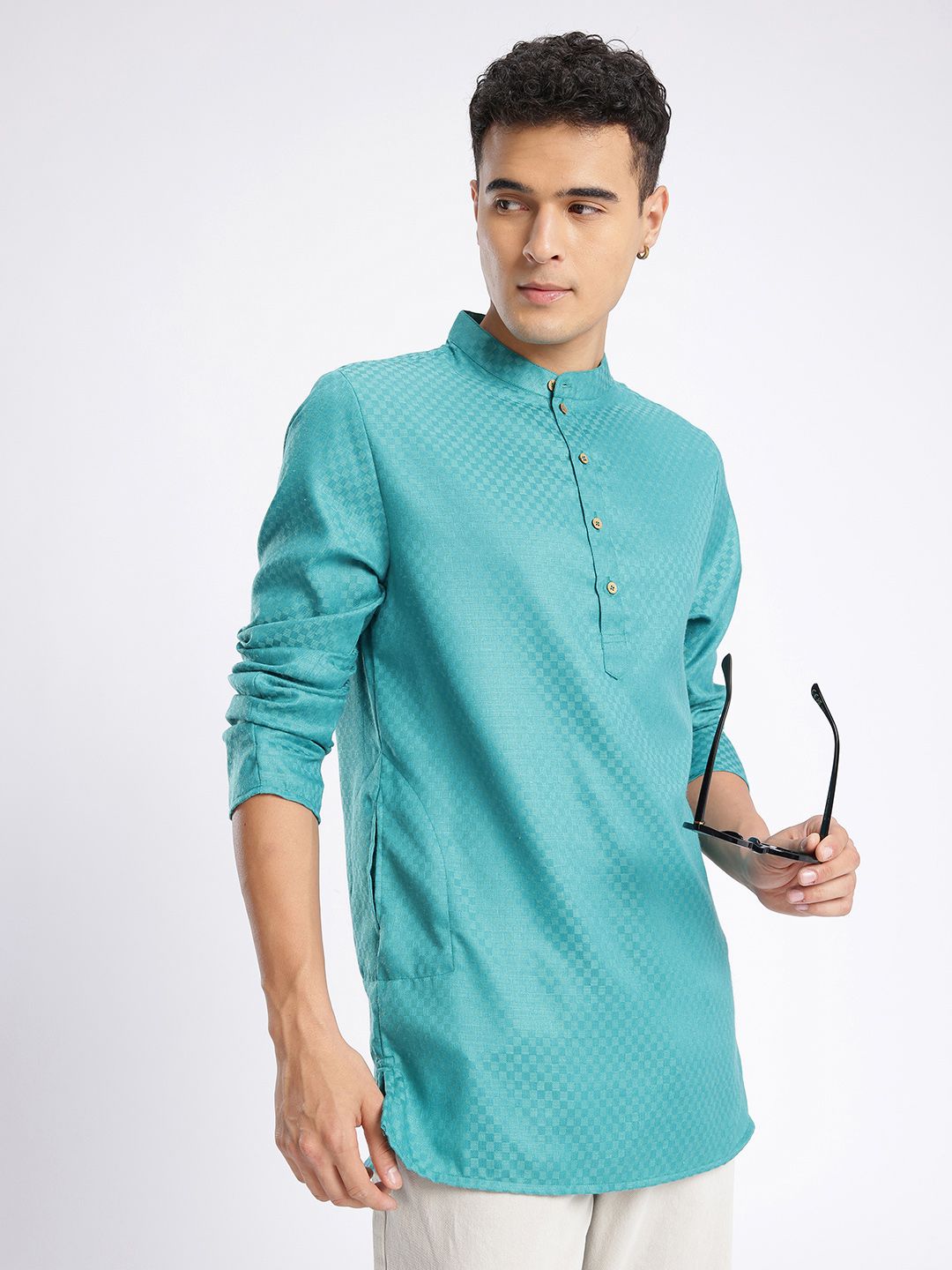 Anouk Rustic Checked Band Collar Straight Kurta-picture-11