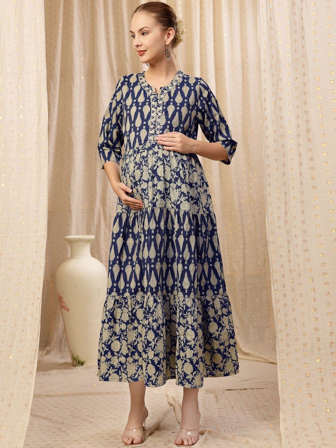 House Of Zelena Floral Printed Round Neck Cotton Maternity Kurta-image-18