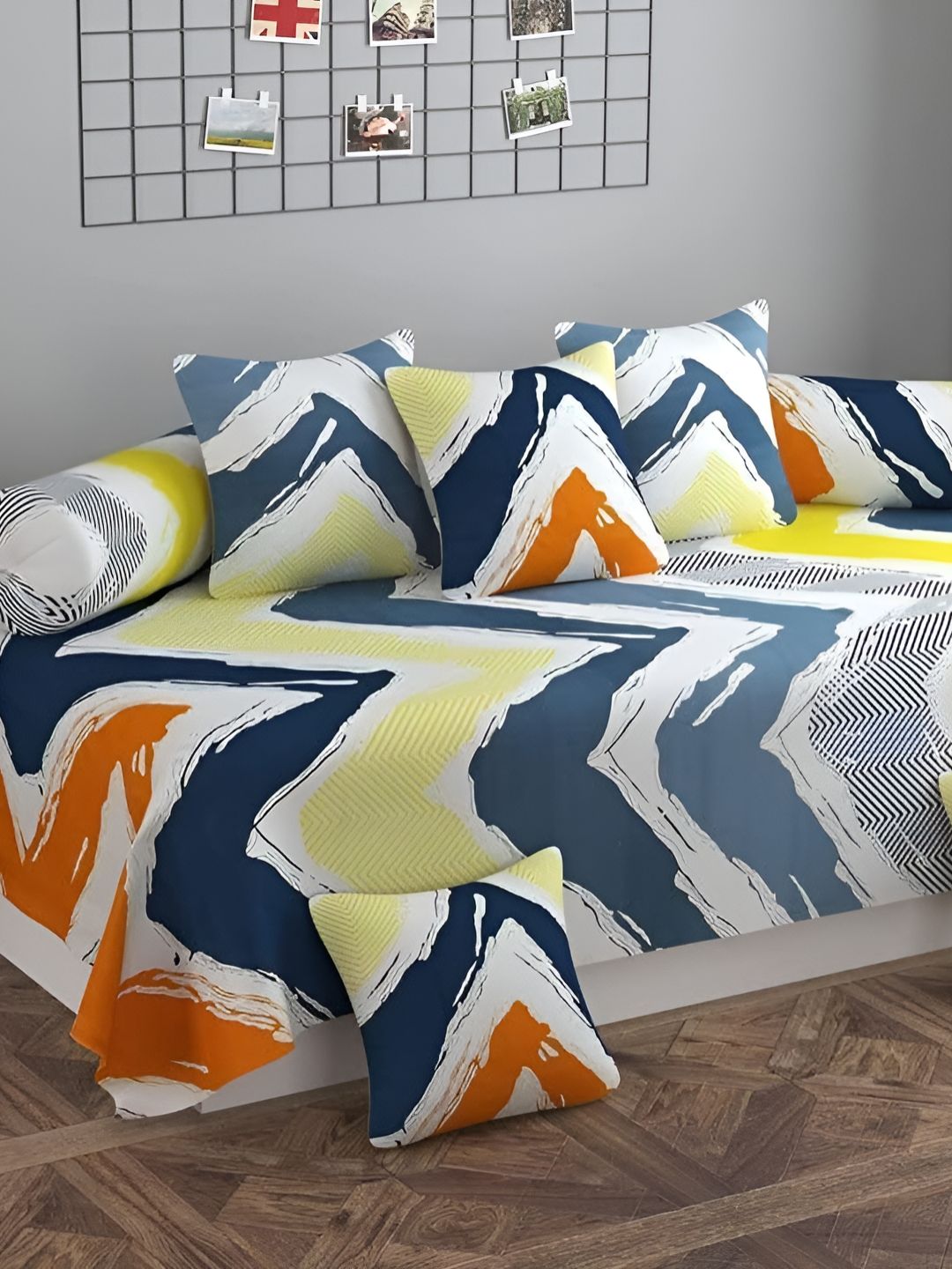 WELLNEST Set Of 8 Blue & White Printed Cotton Diwan Set-picture-20