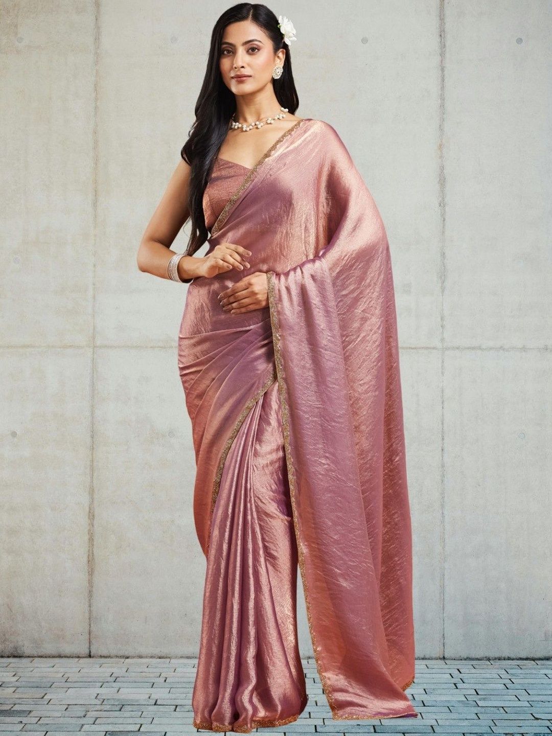 LOROFY Women Solid Embellished Border Beads and Stones Chanderi Saree-picture-21