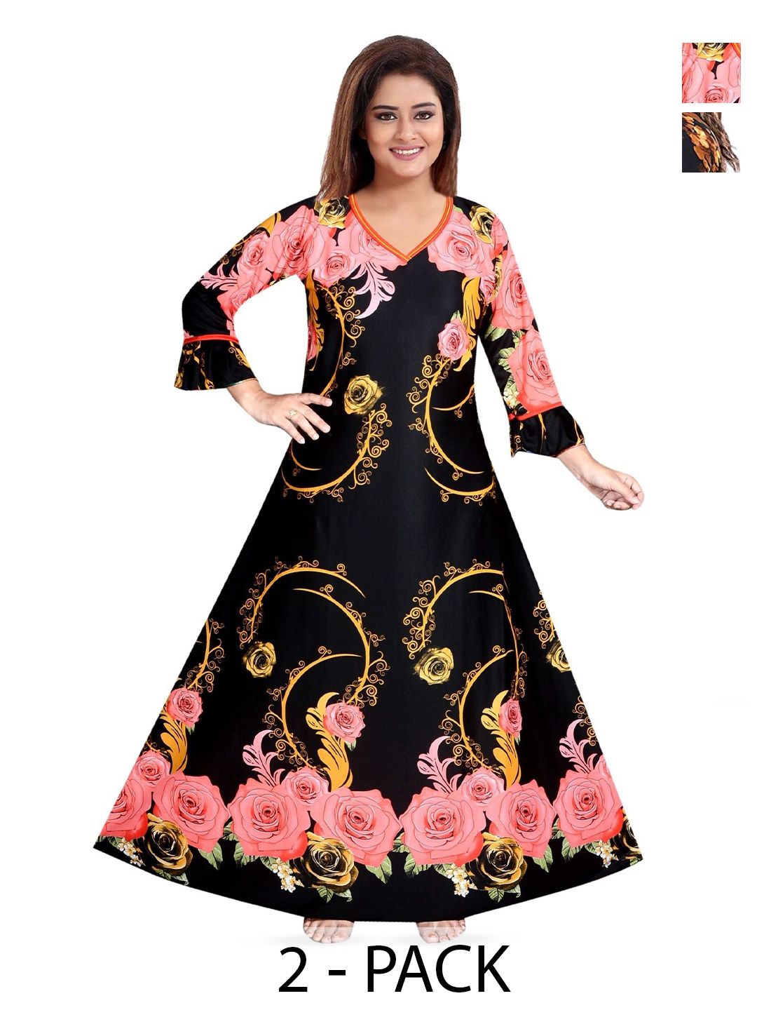 PURSA Women Pack of 2 Satin Printed Maxi Nightdress-picture-39