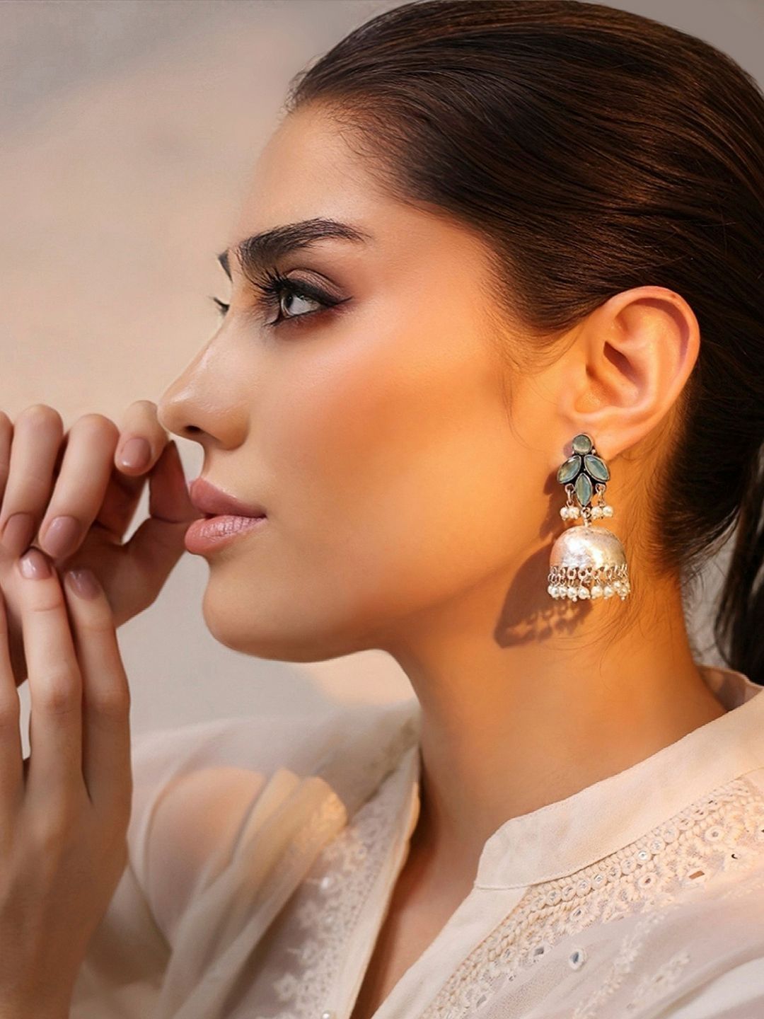 Biba Silver Plated Artificial Stones Studded And Beaded Dome Shaped Jhumkas-picture-12