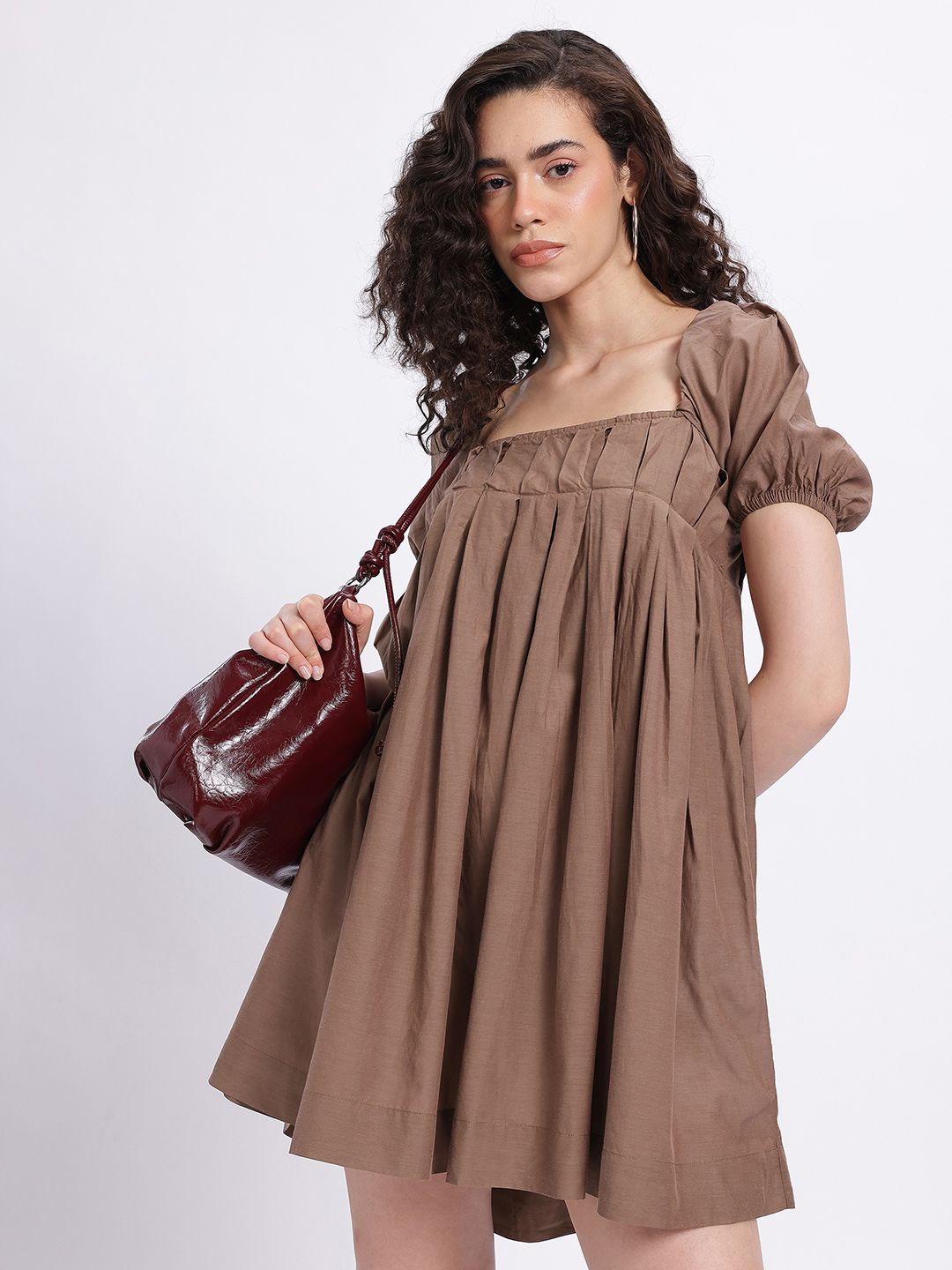 glitchez Solid Square Neck Empire Flared Hem Mini Dress-picture-25