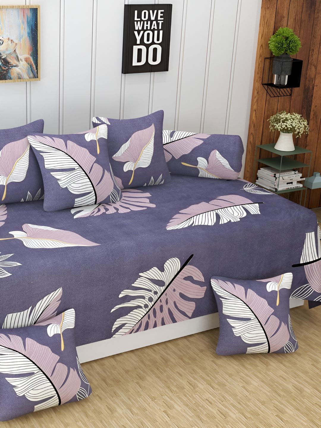 WELLNEST Set Of 8 Purple & White Printed Cotton Diwan Set-picture-40