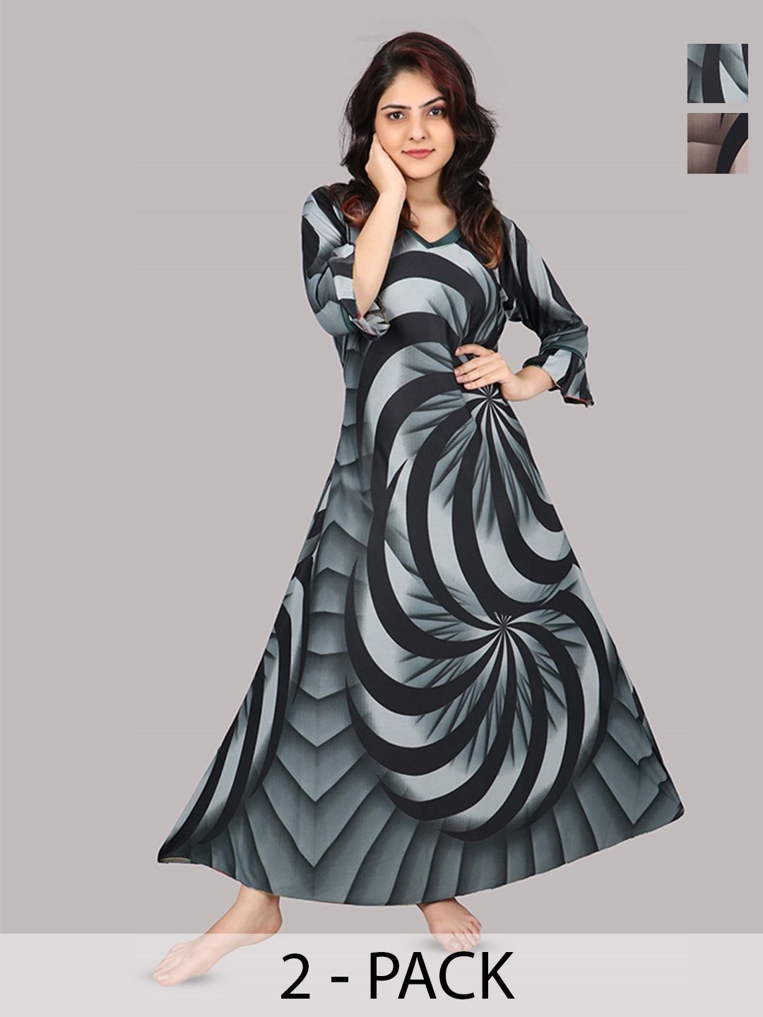 PURSA Women Pack Of 2 Printed Tree Quarter Sleeves Maxi Nightdress-picture-27