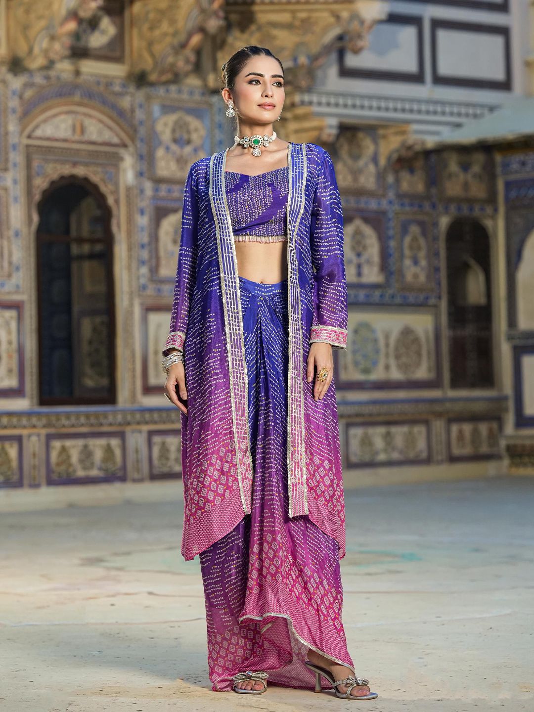 SCAKHI Bandhani Printed Chinon Silk Top With Cape & Drape Skirt Co-Ords-picture-27