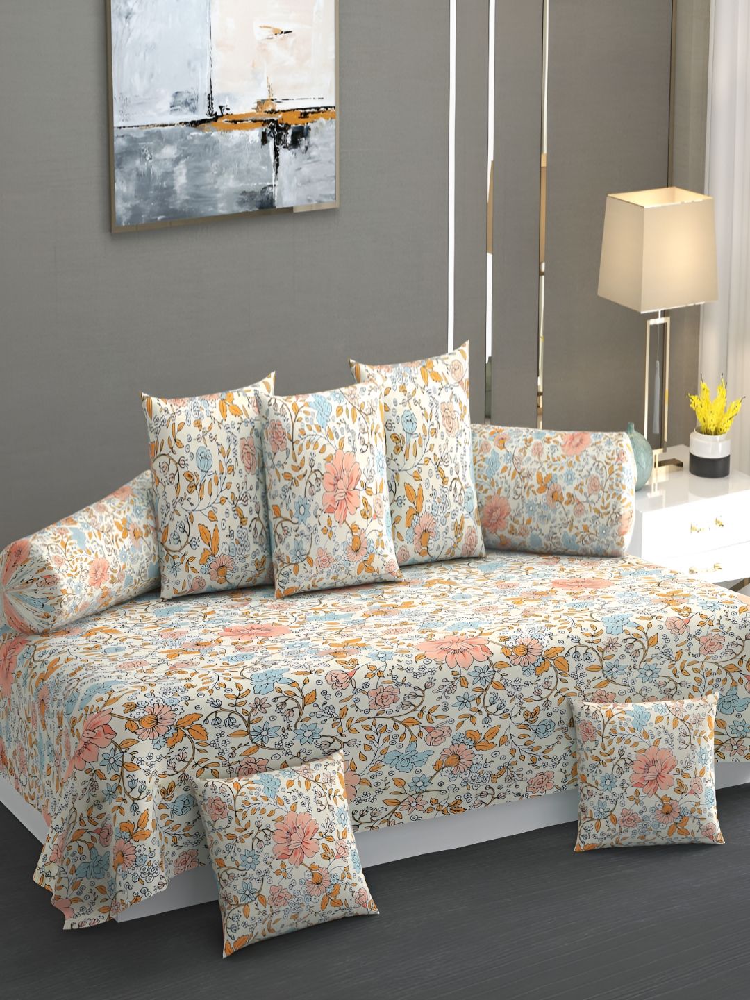 WELLNEST Set Of 8 White & Pink Printed Cotton Diwan Set-picture-22