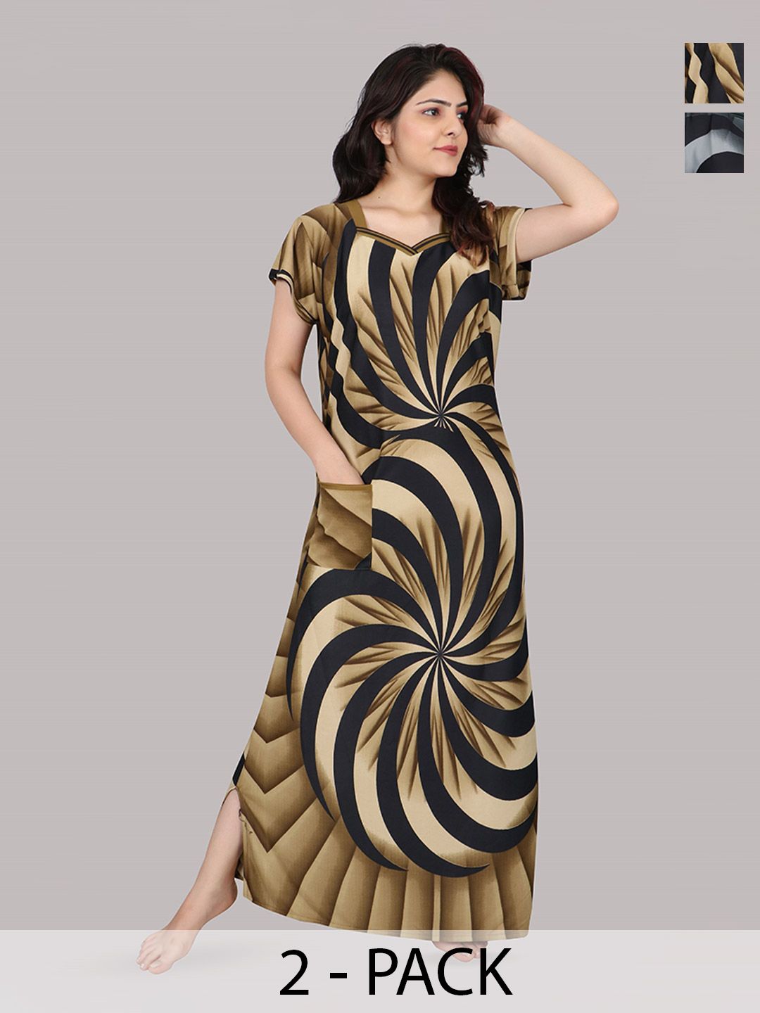 PURSA Women Pack Of 2 Printed Maxi Satin Short Sleeves Nightdress-picture-11