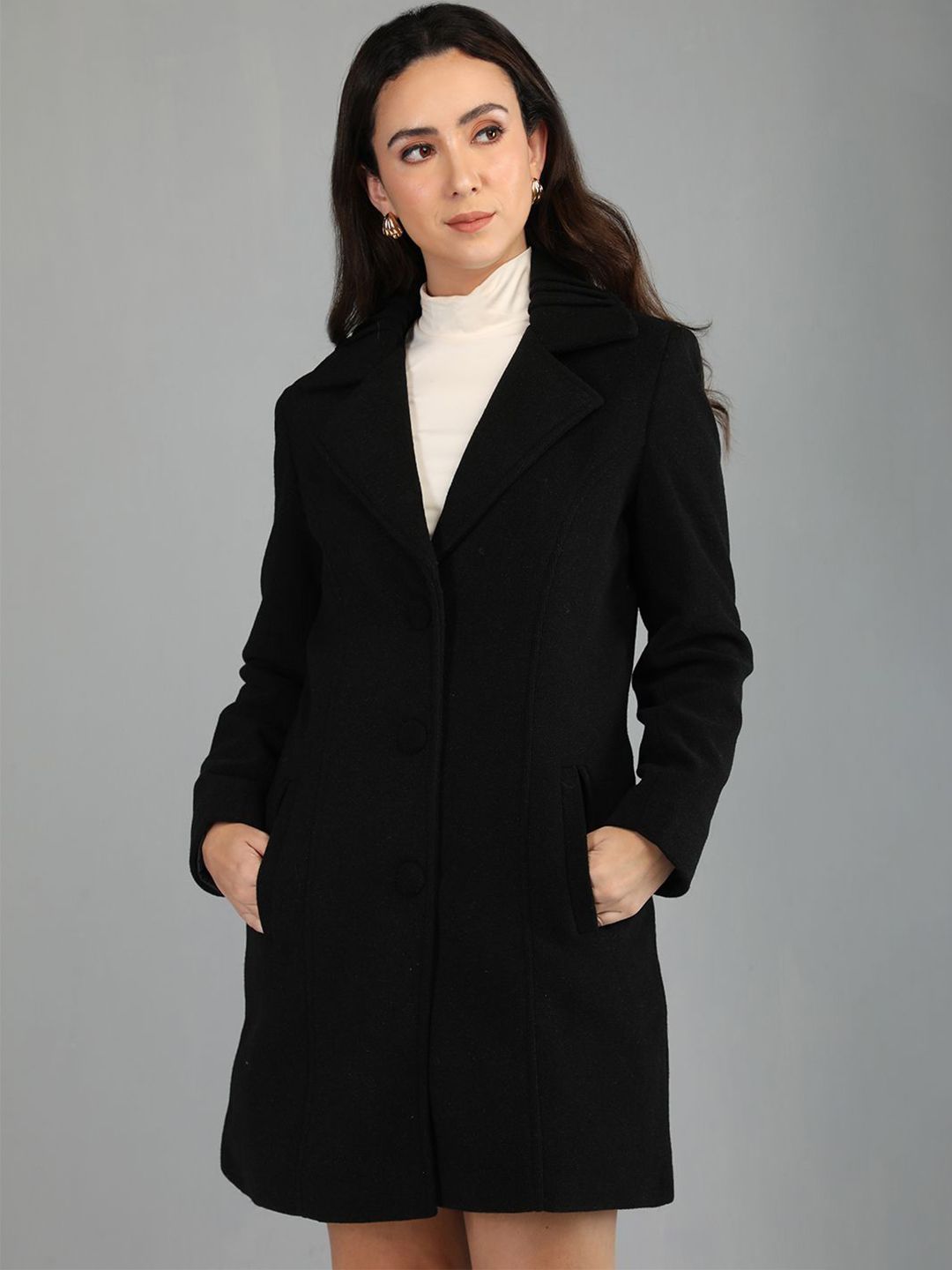 HONNETE Women Single Breasted Notched Lapel Collar Winter Coat-picture-35