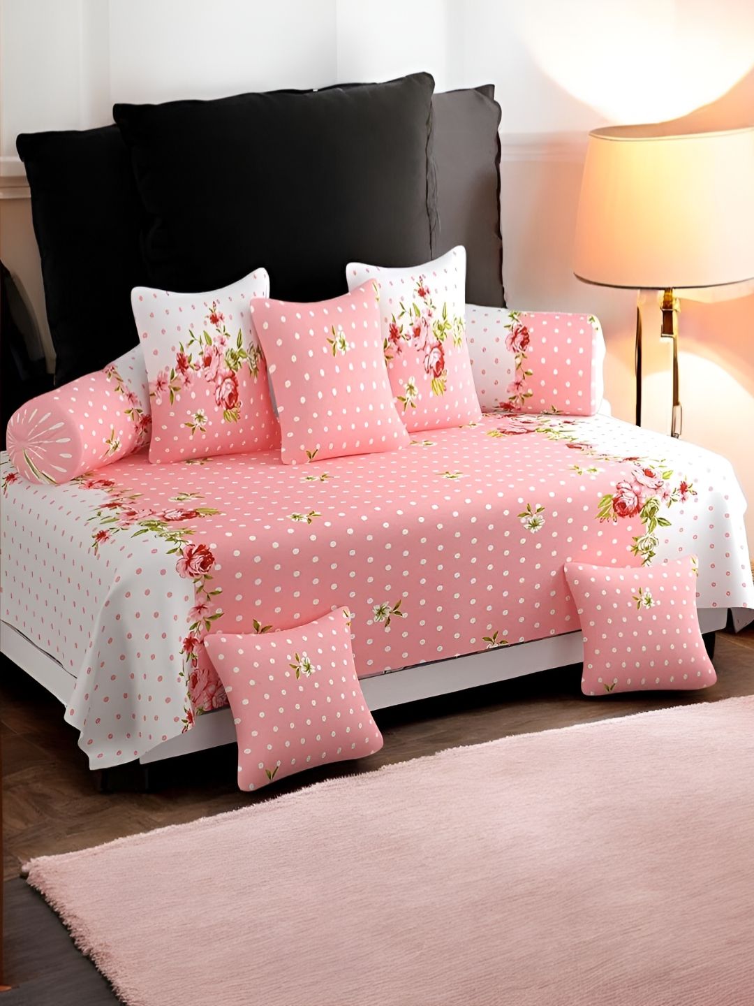 WELLNEST Set Of 8 Pink & White Floral Printed Diwan Set-image-26