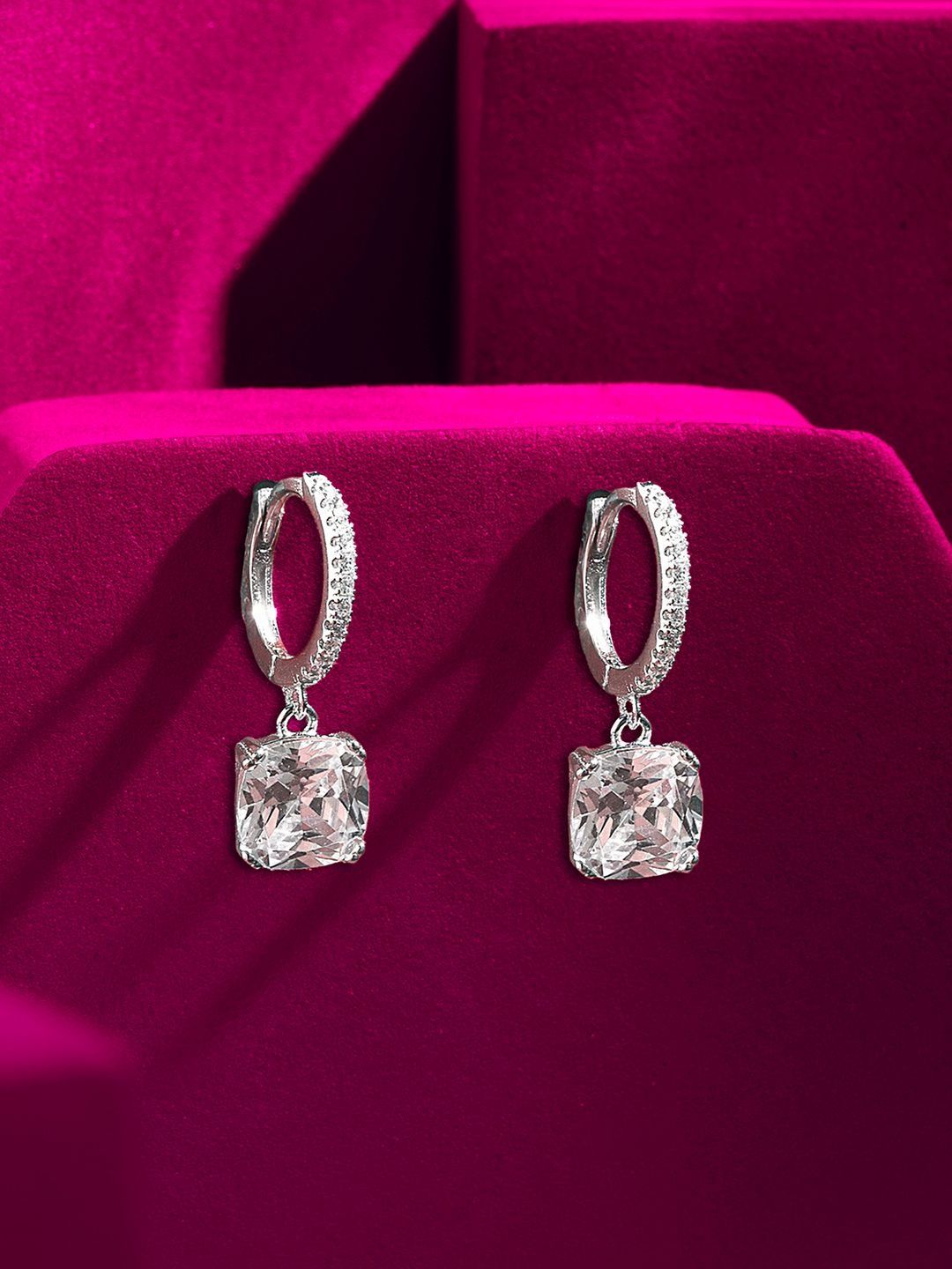 Zavya Echo of Light 925 Sterling Silver Rhodium Plated Diamond Shaped Dangle Hoop Earrings-image-5
