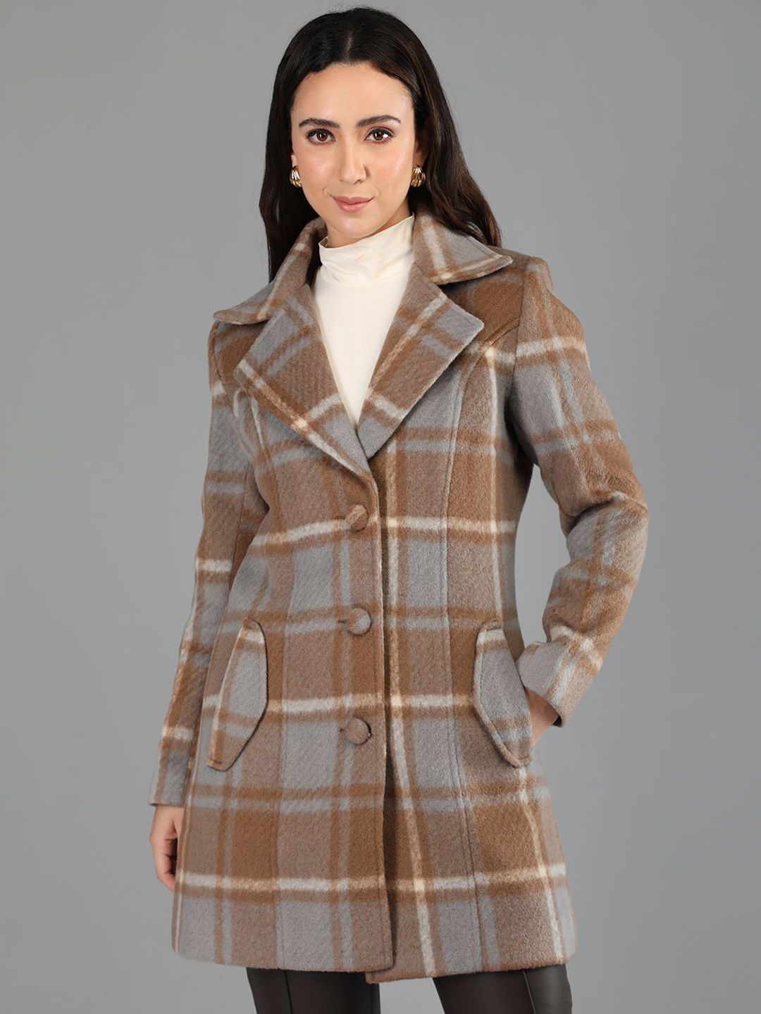 HONNETE Women Checked Single Breasted Trench Coat-picture-21