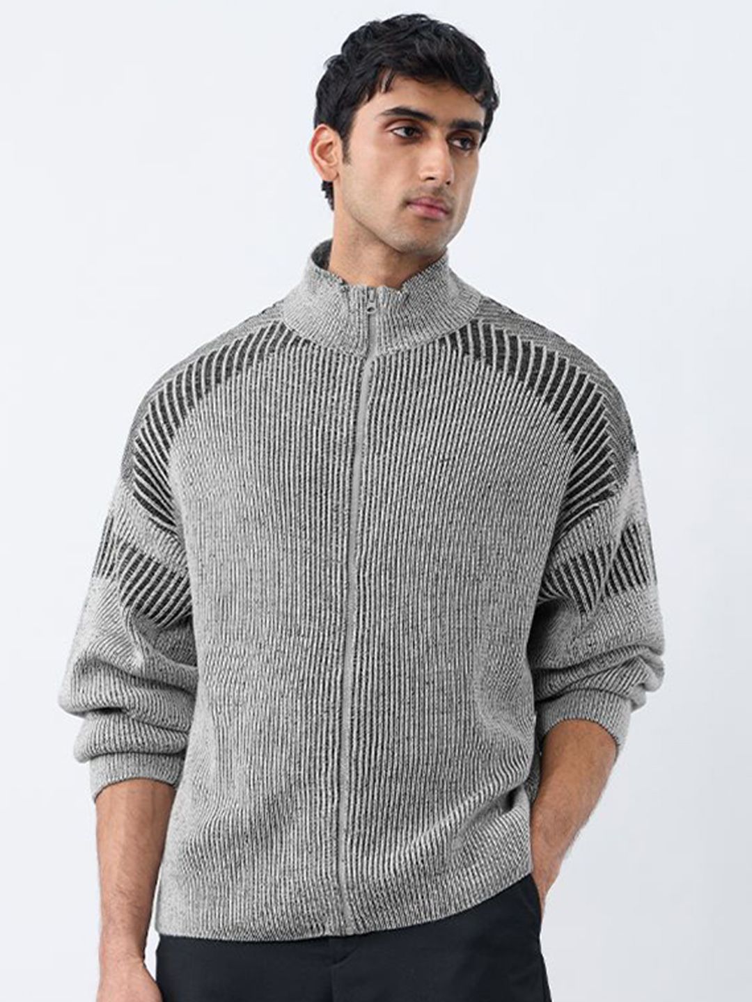 The Souled Store Men Striped Self Design Zip Detail Long Sleeve Cardigan-picture-25