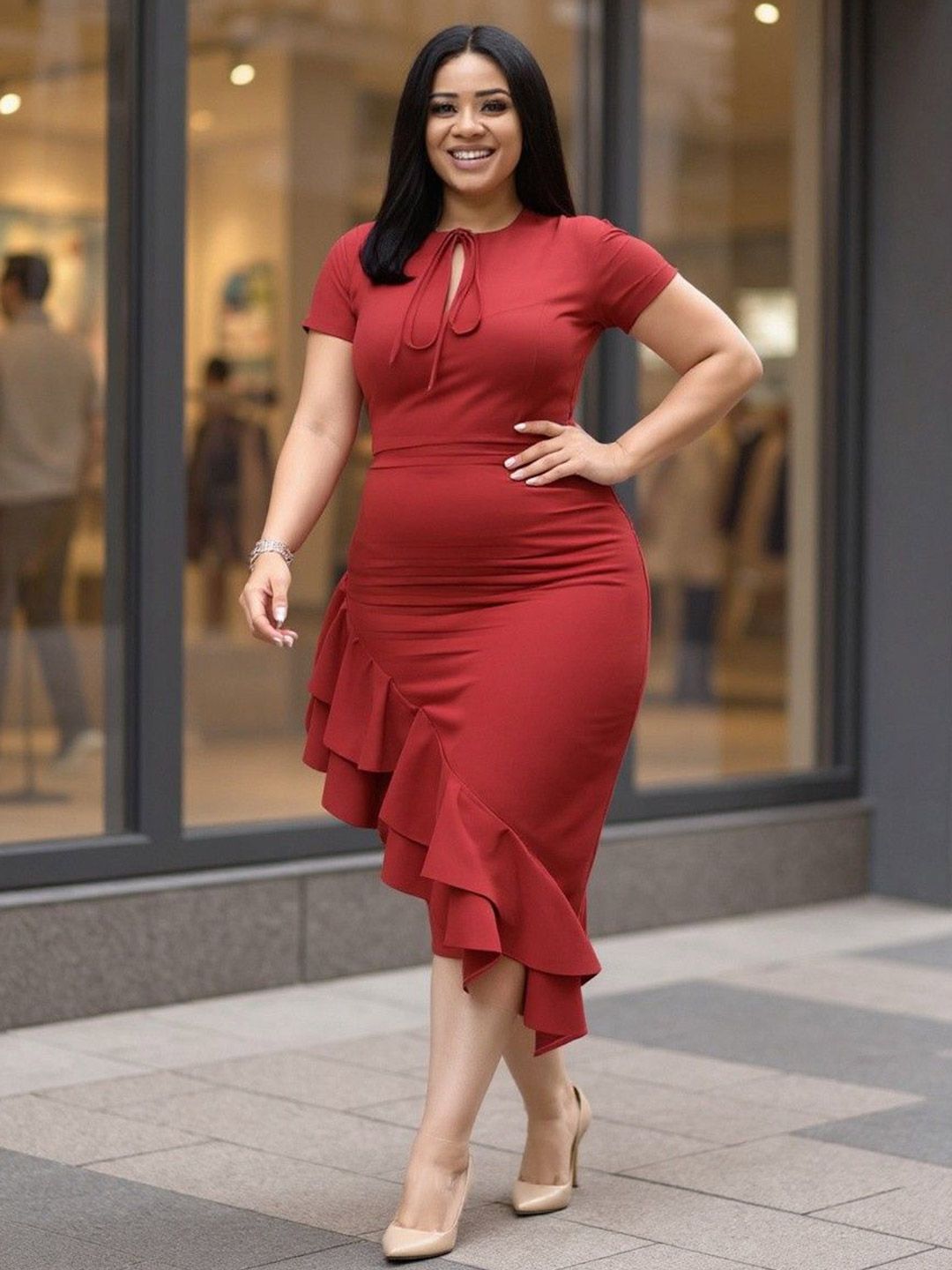 DressBerry Curve Women Solid Tie-Up Neck Ruffled Sheath Midi Dress-picture-20