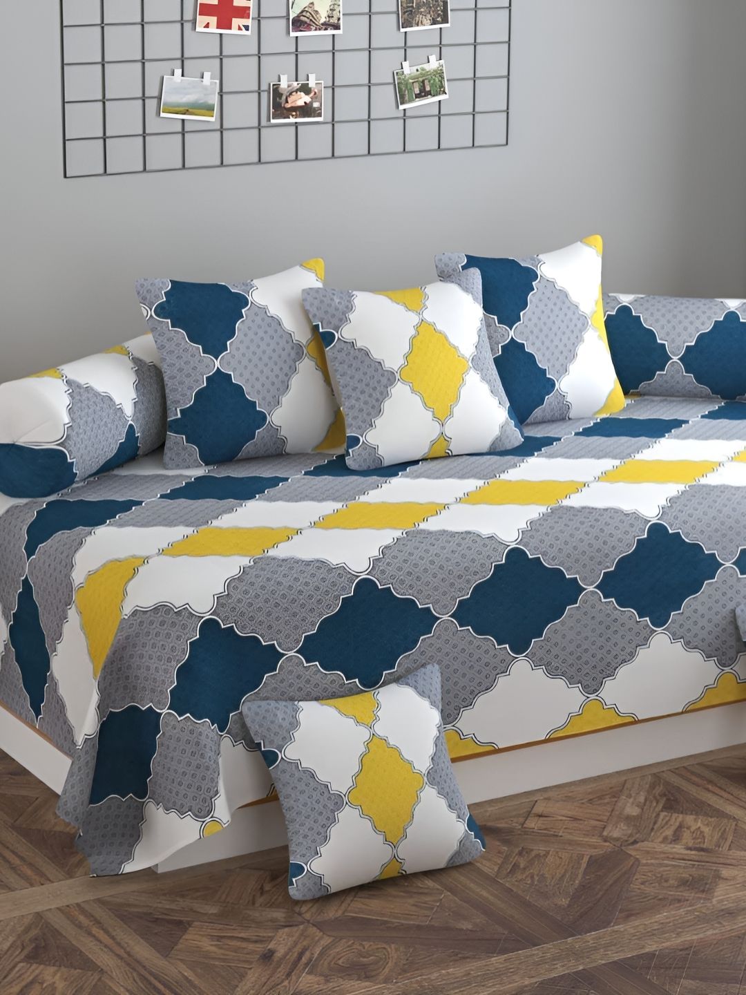 WELLNEST Set Of 8 Grey & White Printed Diwan Set-image-11
