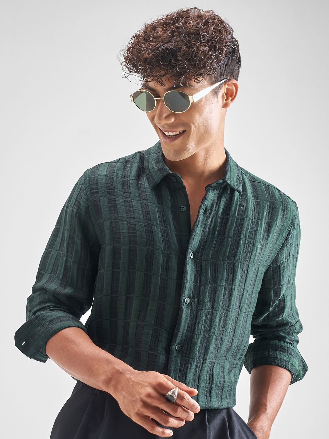 HIGHLANDER Men Textured Spread Collar Relaxed Fit Shirt-picture-13