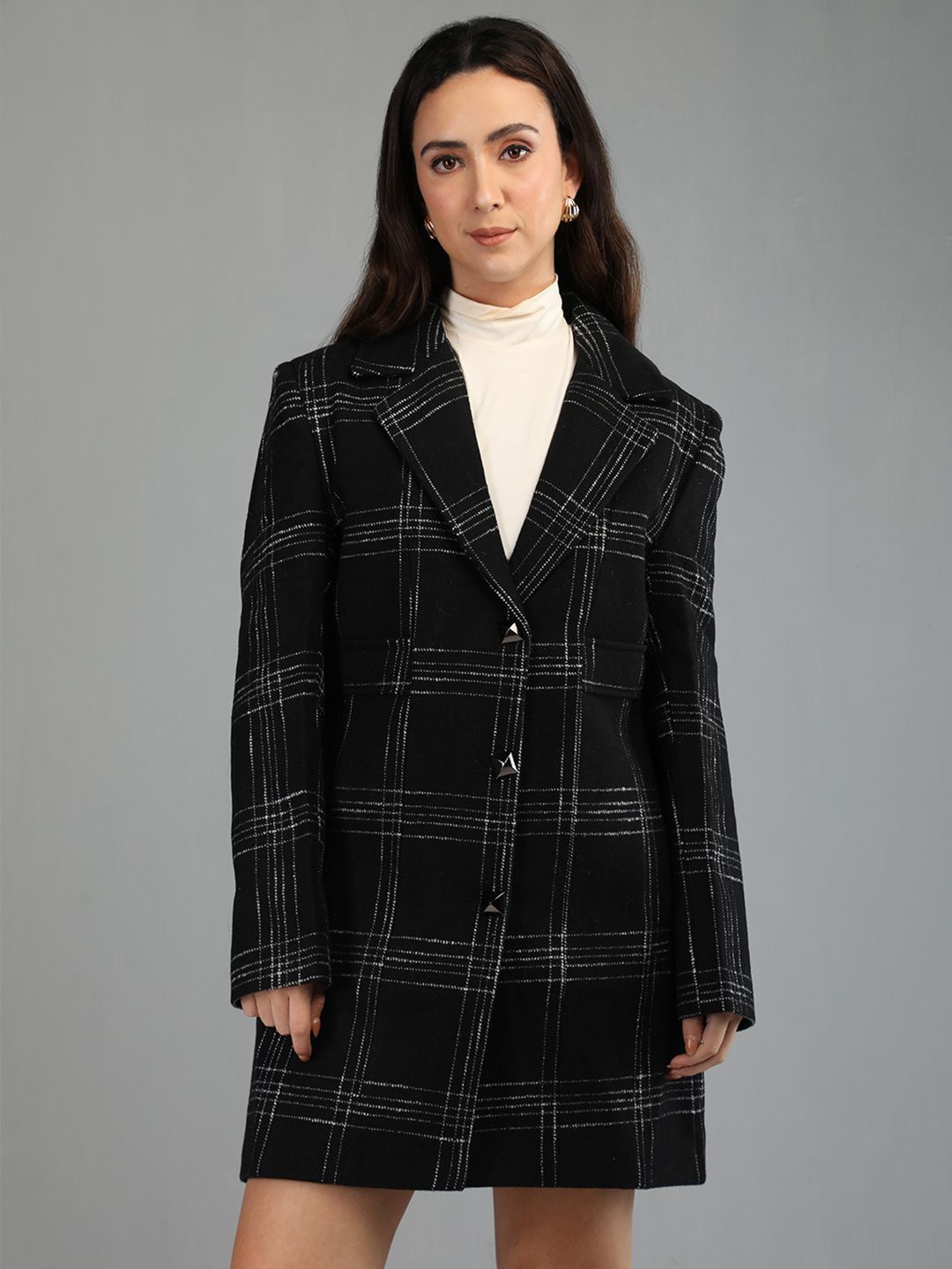 HONNETE Women Regular Fit Single Breasted Checked Overcoat-picture-11