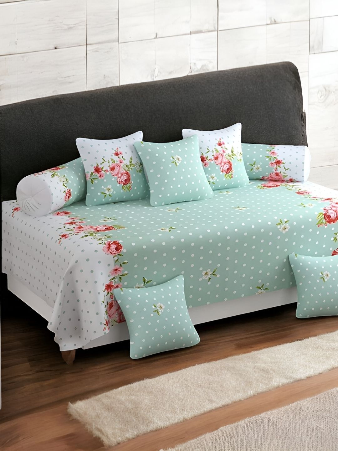 WELLNEST Set Of 8 Green & White Floral Printed Diwan Set-image-25