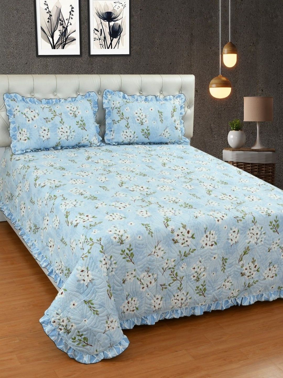 BREVARD Blue & Green 3 Pieces Floral Cotton Double King Superfine Bedding Sets-picture-31
