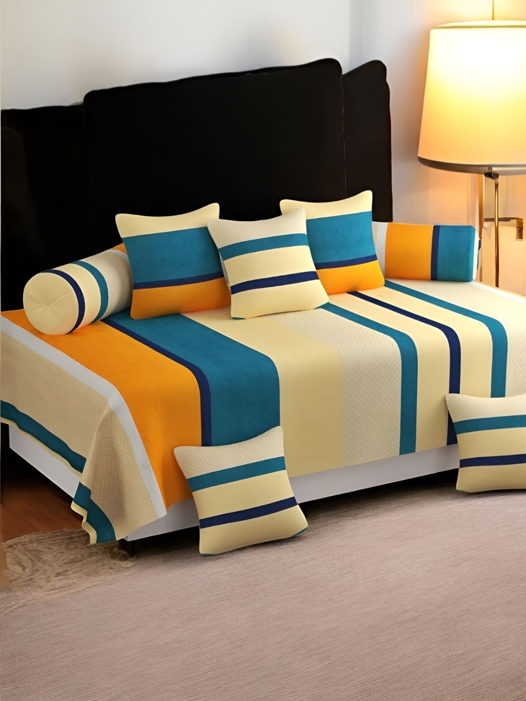 WELLNEST Set Of 8 Yellow & Blue Striped Diwan Set-image-4
