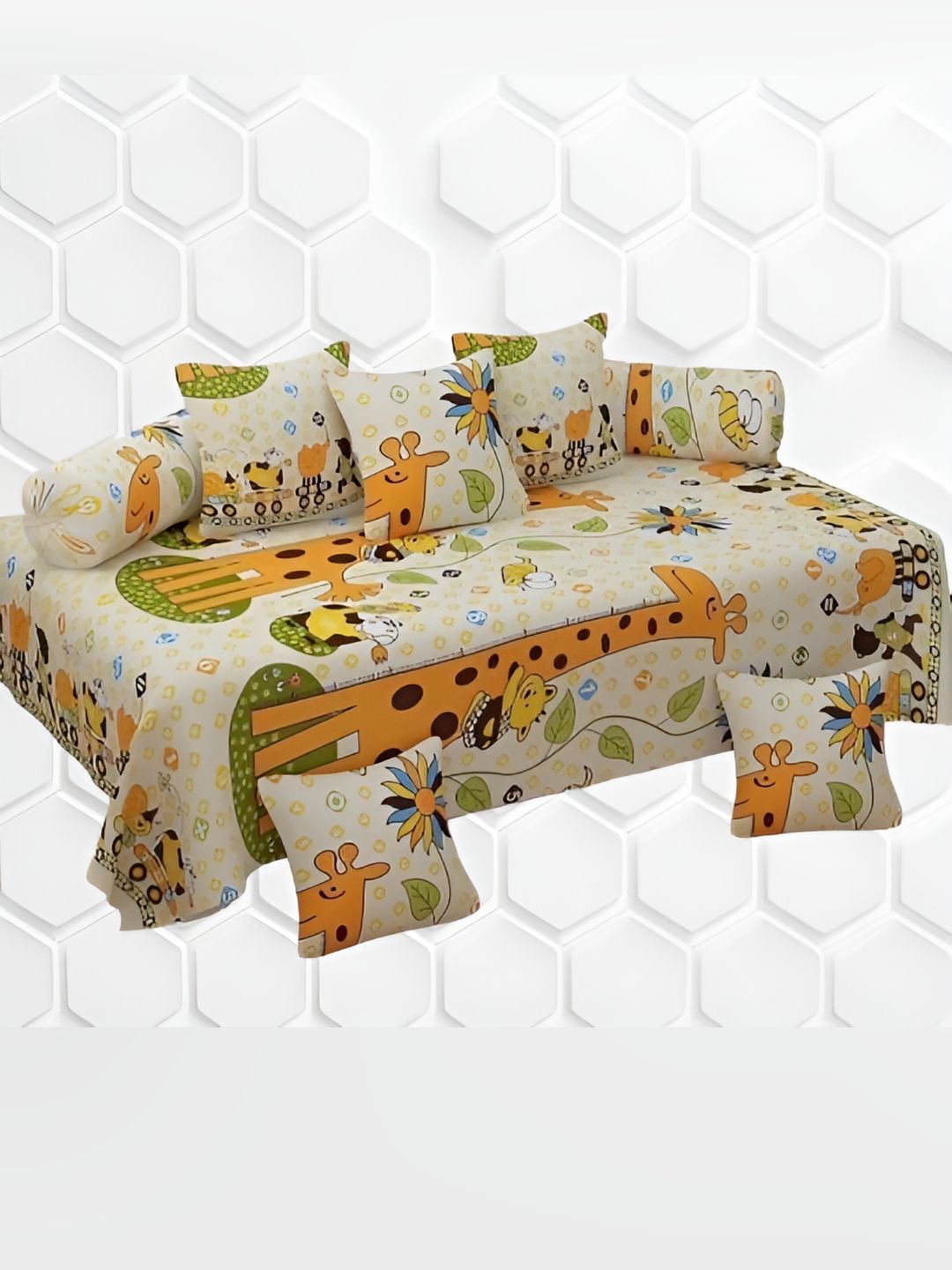 WELLNEST Set Of 8 Beige & Orange Animal Printed Diwan Set-picture-23