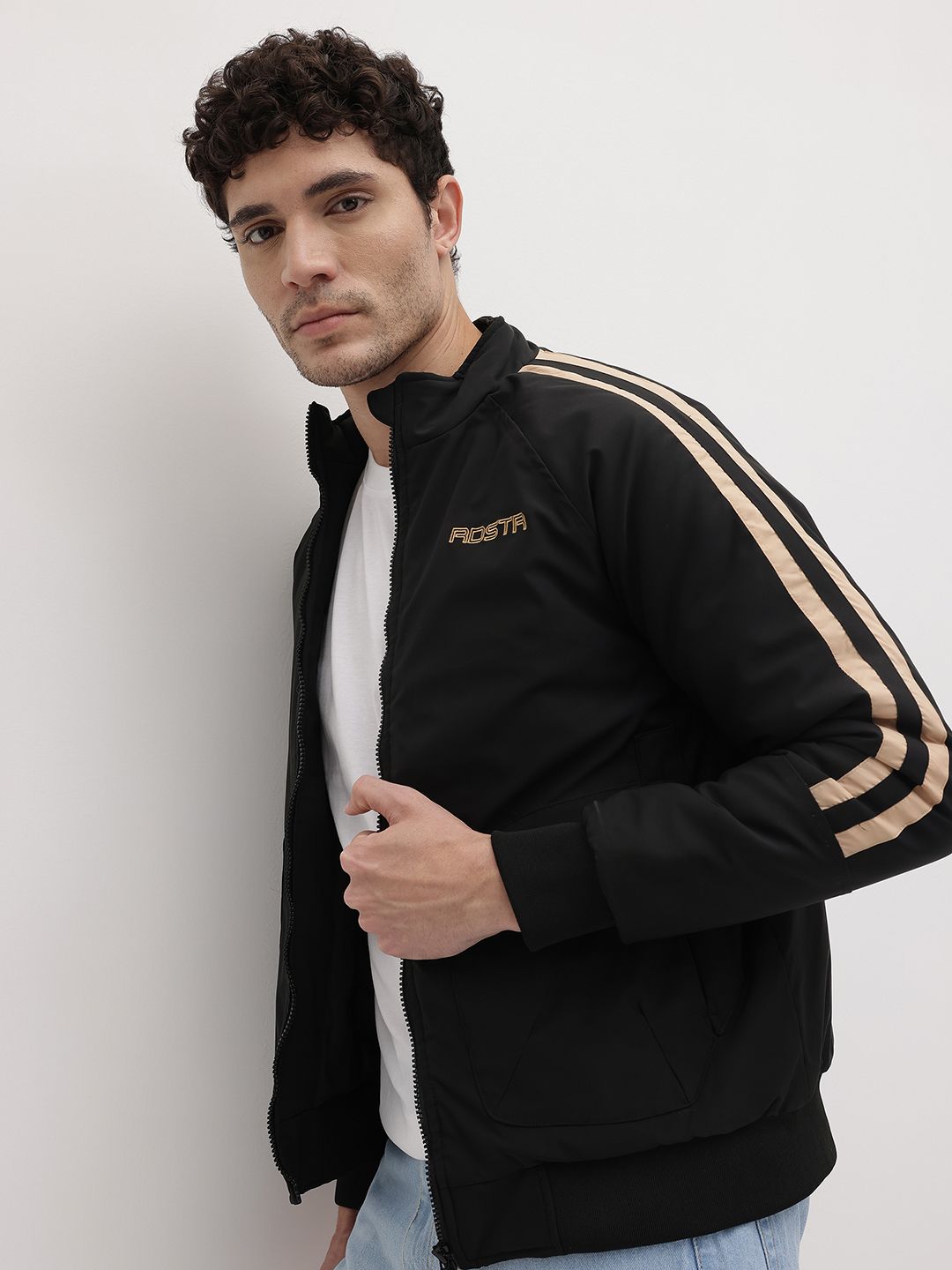 Roadster Mock Collar Side Striped Bomber Jacket-image-2