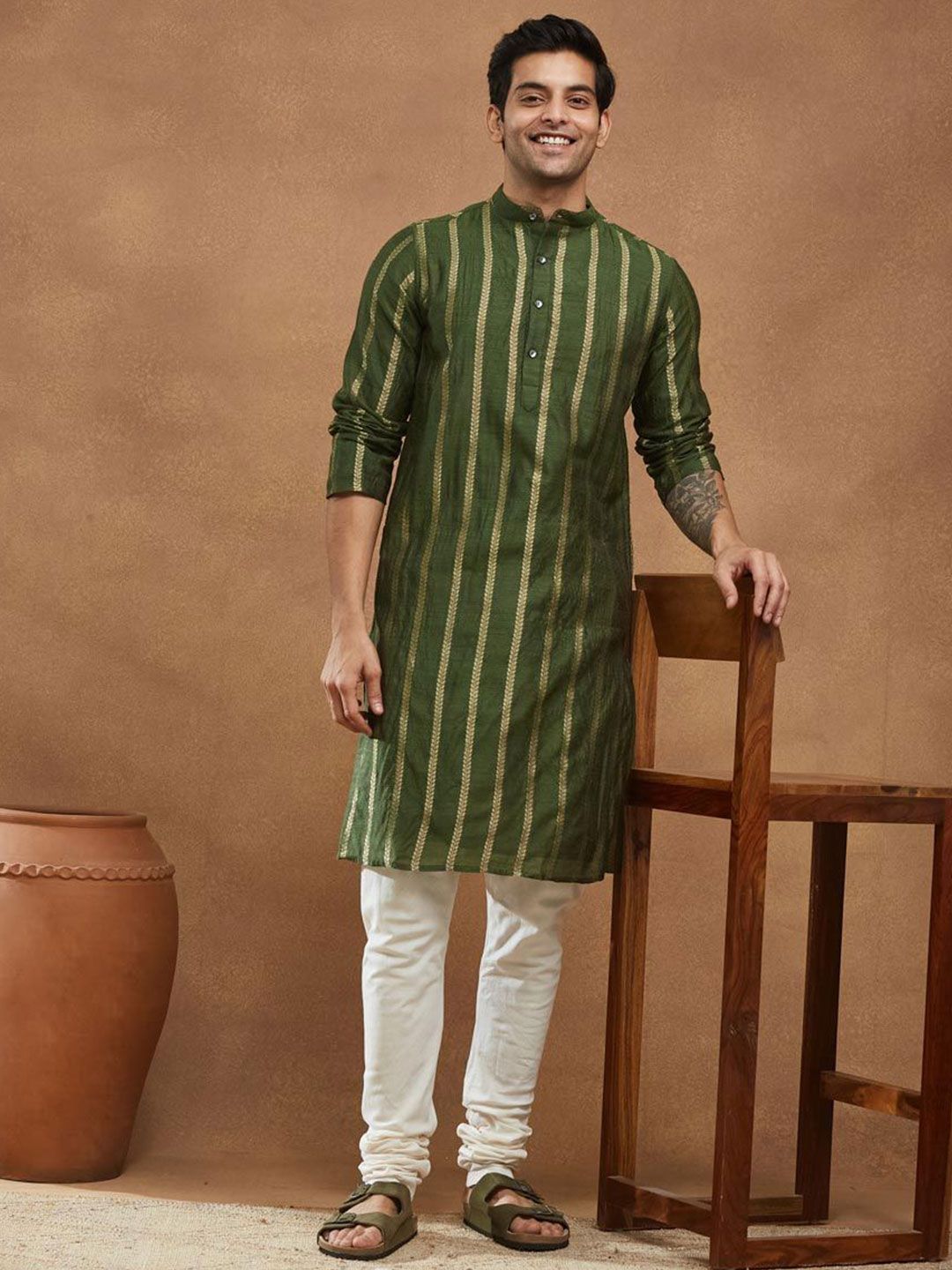 Fabindia Men Striped Woven Design Band Collar Straight Kurta-picture-25