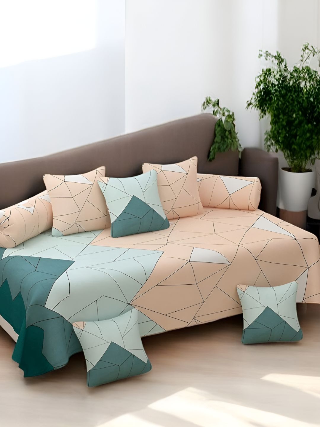 WELLNEST Set Of 8 Peach & Beige Geometric Printed Diwan Set-image-12