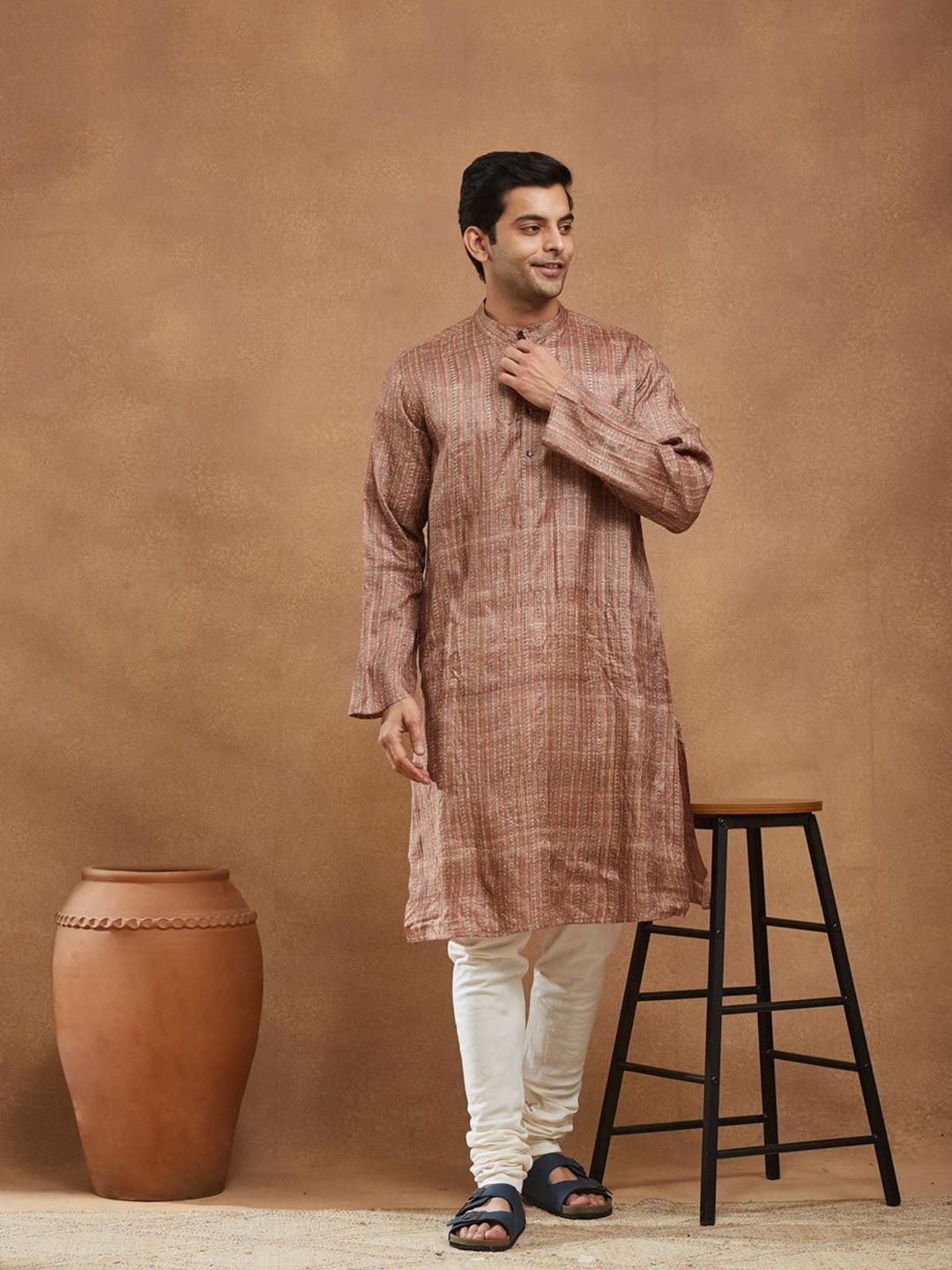 Fabindia Men Striped Woven Design Block Print Festive Silk Straight Kurta-picture-17