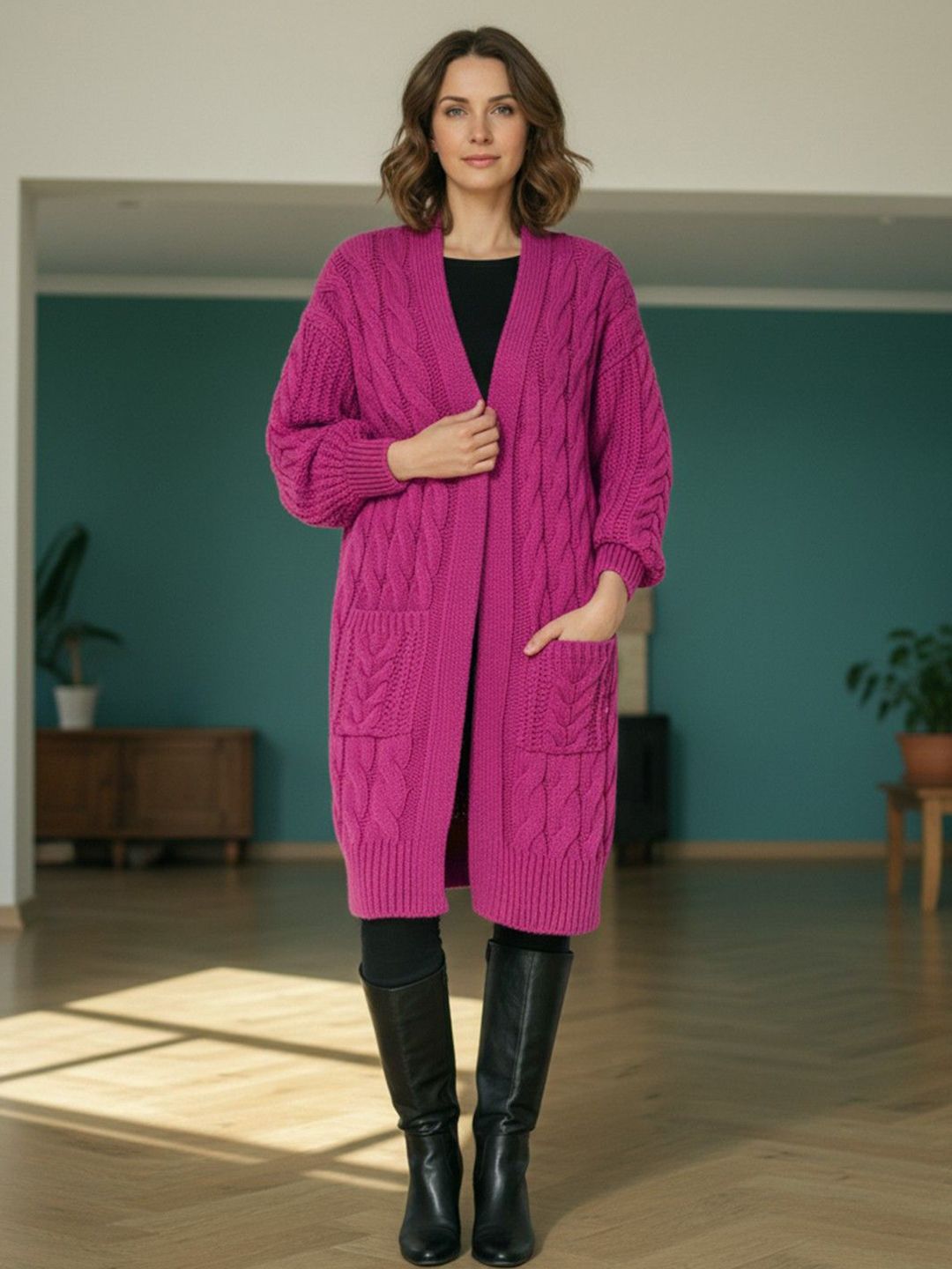 bebe Women Self Design Chevron V-Neck Longline Cardigan-picture-14